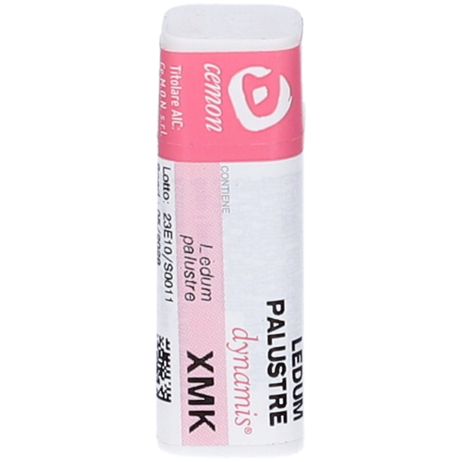 Confezione cilindrica con etichetta rosa. Scritte: Ledum Palustre XMK, cemon, dynamis.