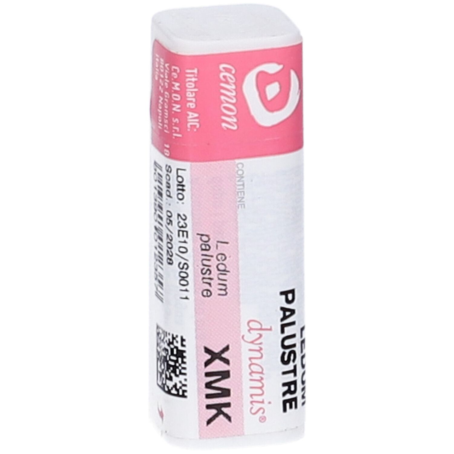 Confezione rettangolare con etichetta rosa. Scritte: Ledum Palustre XMK, cemon, dynamis, data di scadenza.