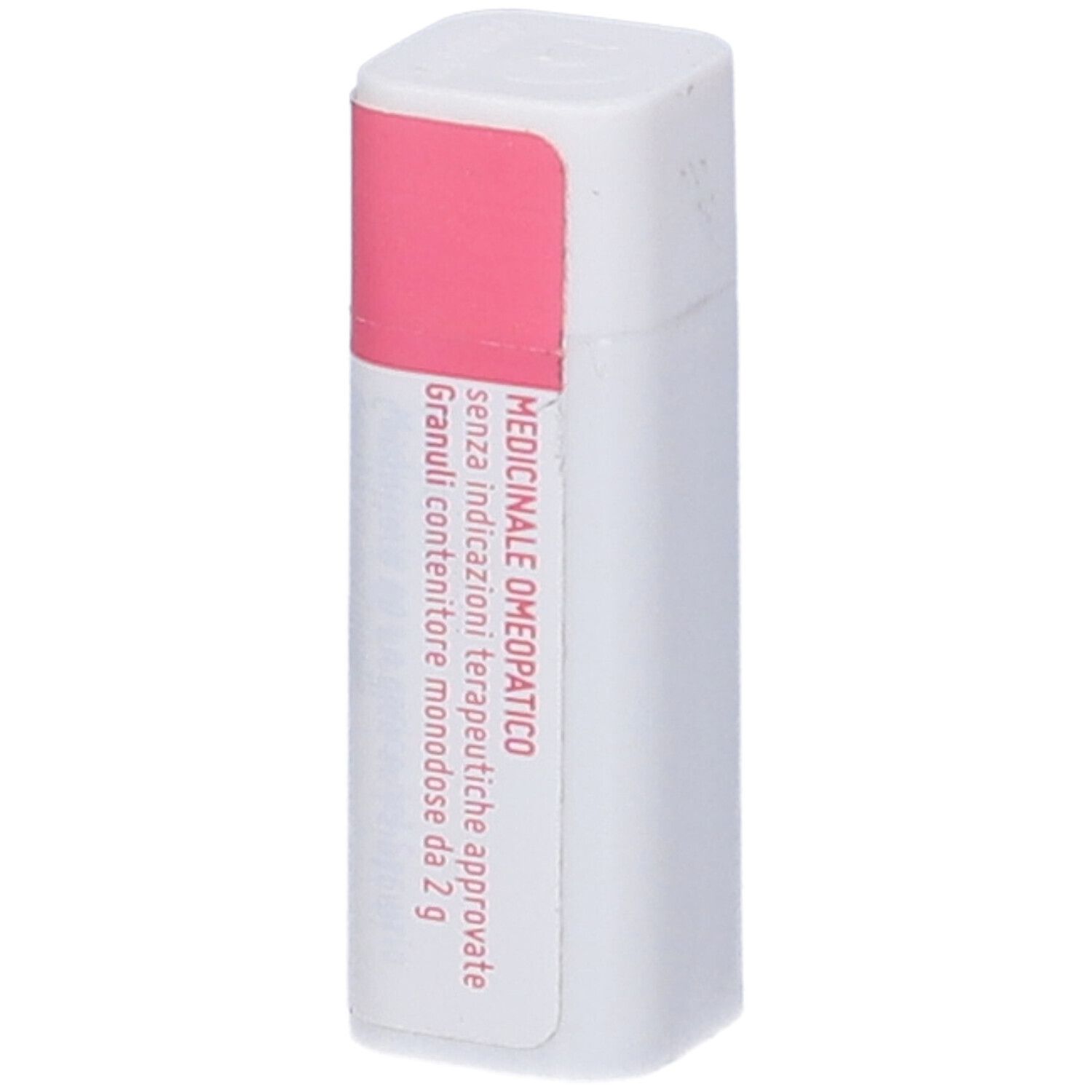 Confezione rettangolare, bianca con accento rosa. Testo: Medicinale omeopatico, Granuli contenitore monodose.