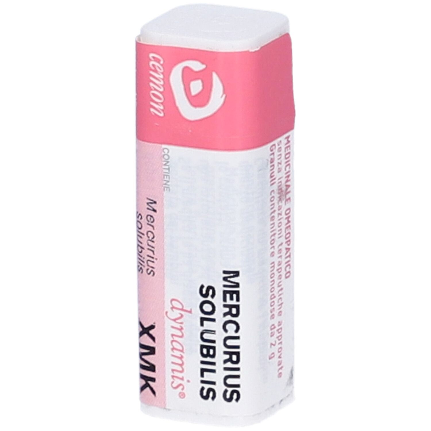 Confezione rettangolare bianca con coperchio rosa. Scritta: Mercurius Solubilis XMK, dynamis, cemon.