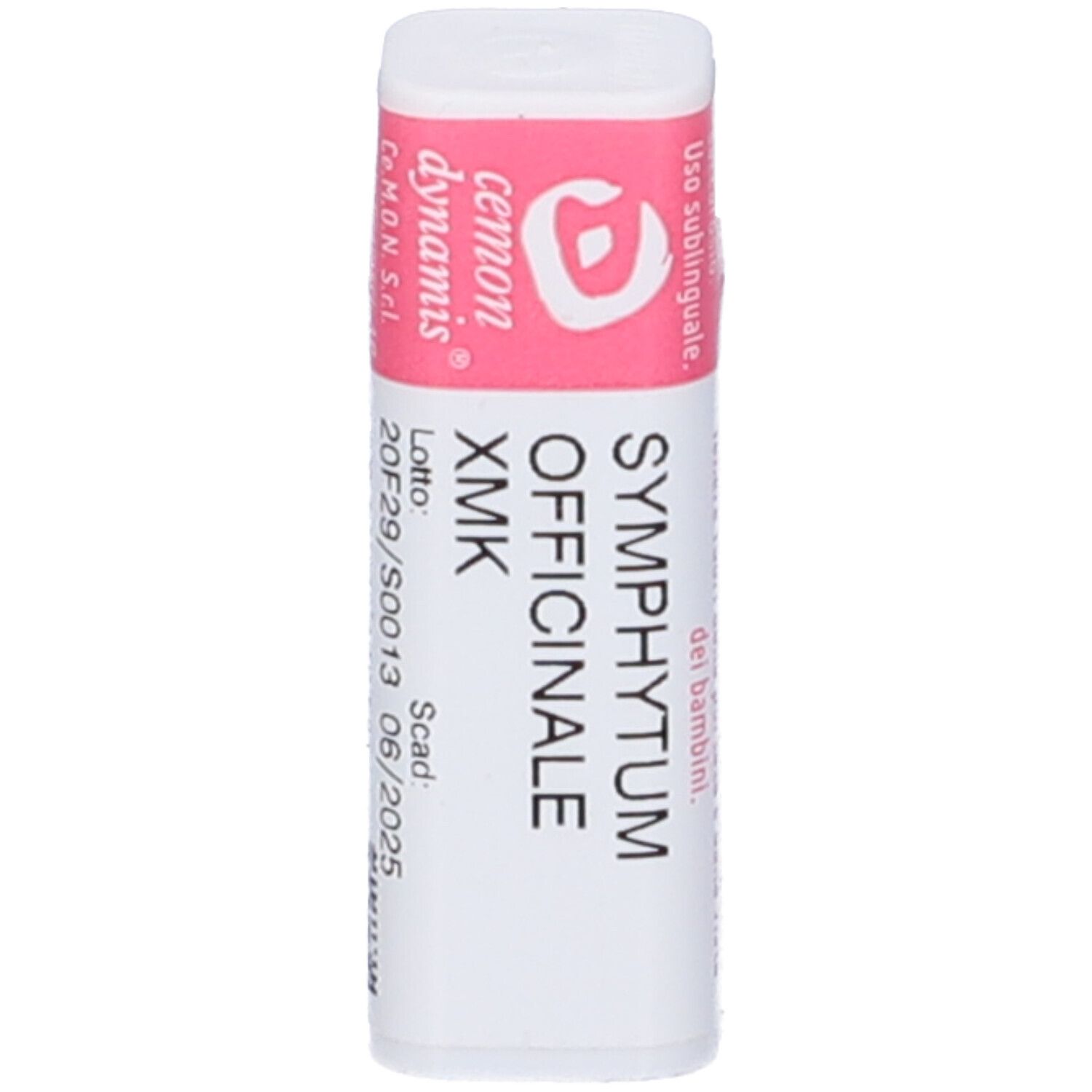 Confezione cilindrica con etichetta rosa. Nome prodotto "SYMPHYTUM OFFICINALE XMK".