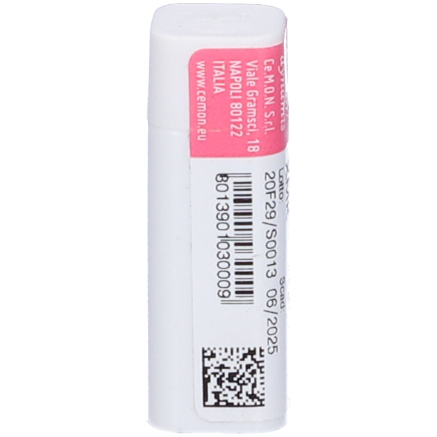 Confezione cilindrica con etichetta rosa. Indirizzo produttore e numero di lotto.
