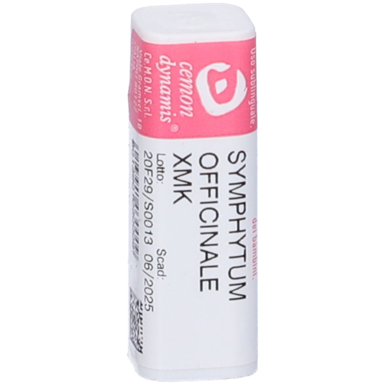 Confezione cilindrica con etichetta rosa. Nome prodotto "SYMPHYTUM OFFICINALE XMK".