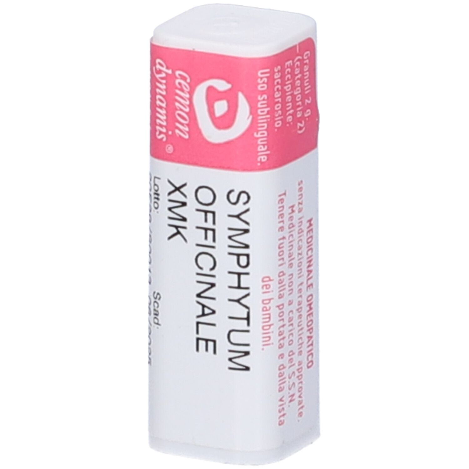 Confezione cilindrica con etichetta rosa. Nome prodotto "SYMPHYTUM OFFICINALE XMK".