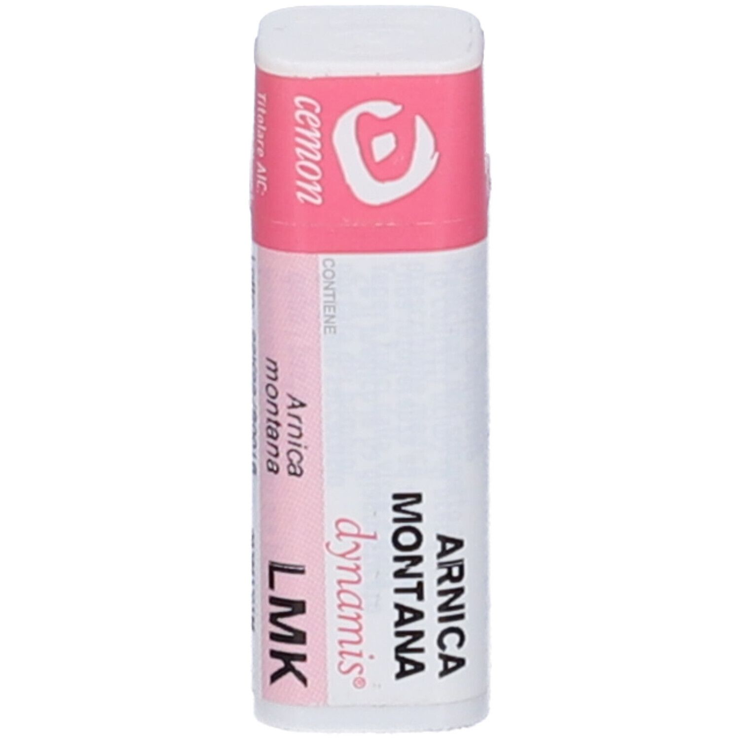 Confezione cilindrica con fascia rosa. Scritte: Arnica montana LMK, cemon, dynamis. Nome del prodotto non visibile.