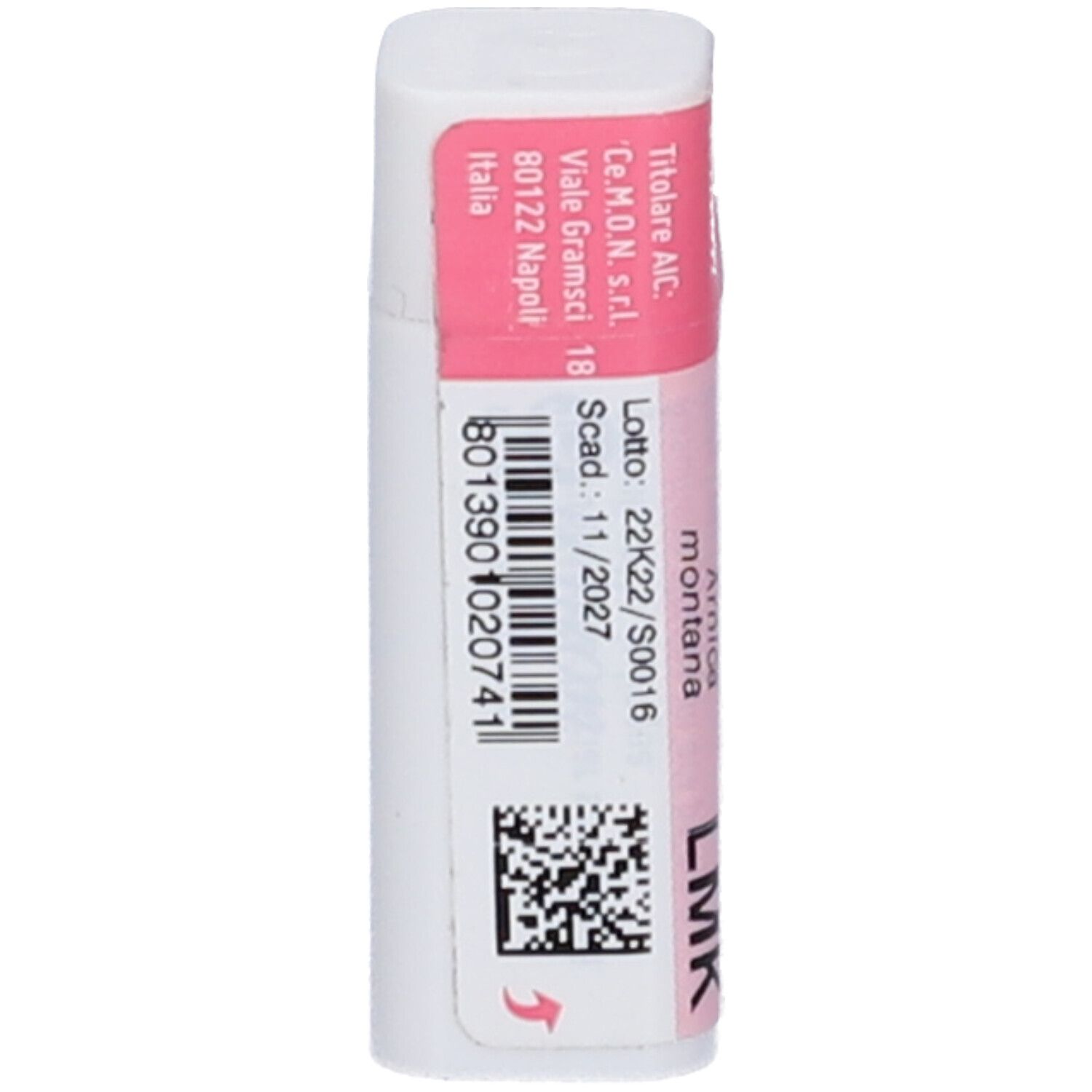 Confezione cilindrica con fascia rosa. Scritte: Arnica montana LMK, cemon, dynamis. Codice a barre e informazioni.