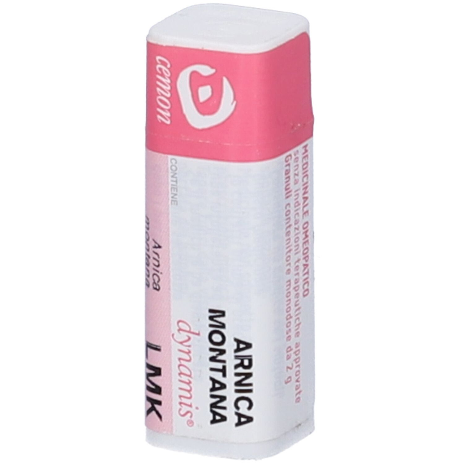 Confezione cilindrica con fascia rosa. Scritte: Arnica montana LMK, cemon, dynamis. Informazioni testuali aggiuntive.