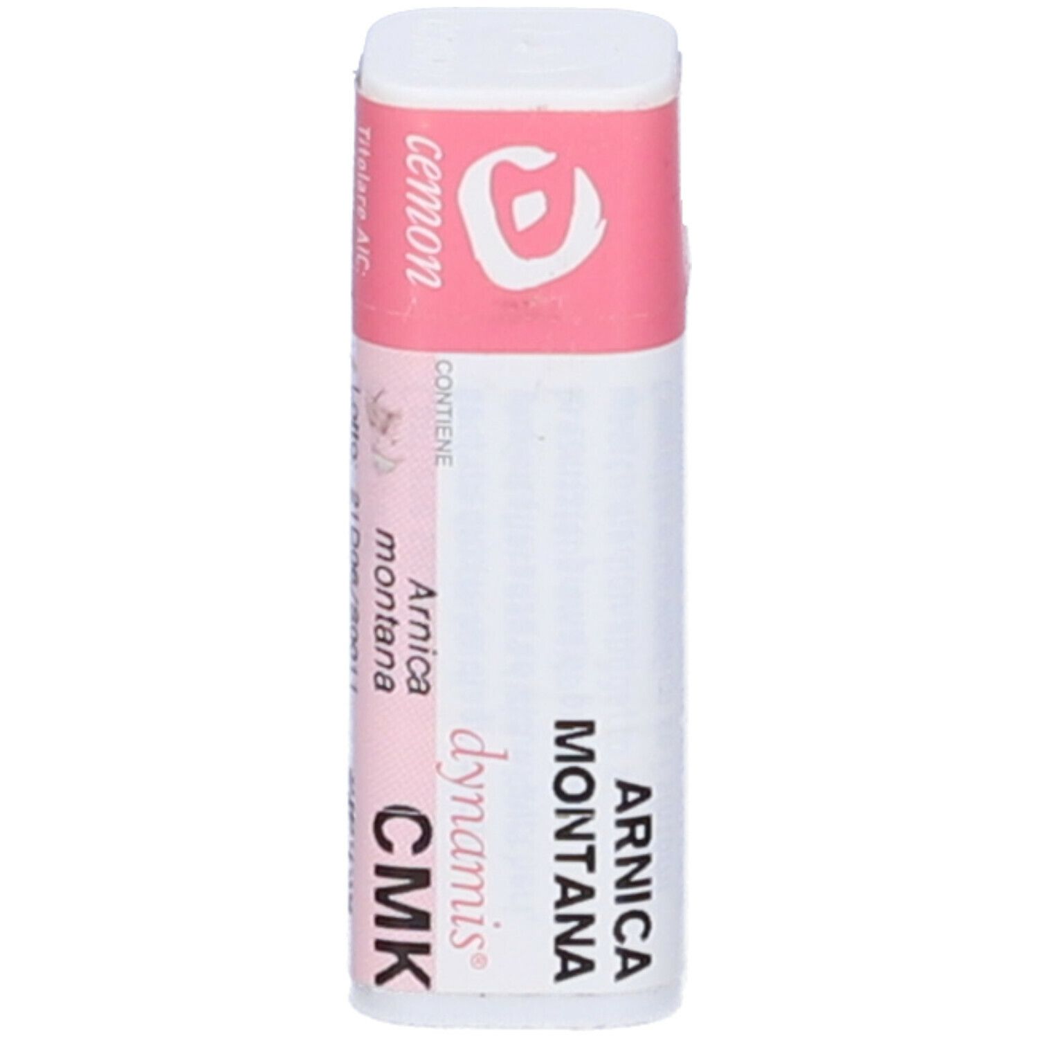 Confezione cilindrica con etichetta rosa. Scritte: Arnica montana CMK, dynamis. Coperchio bianco.