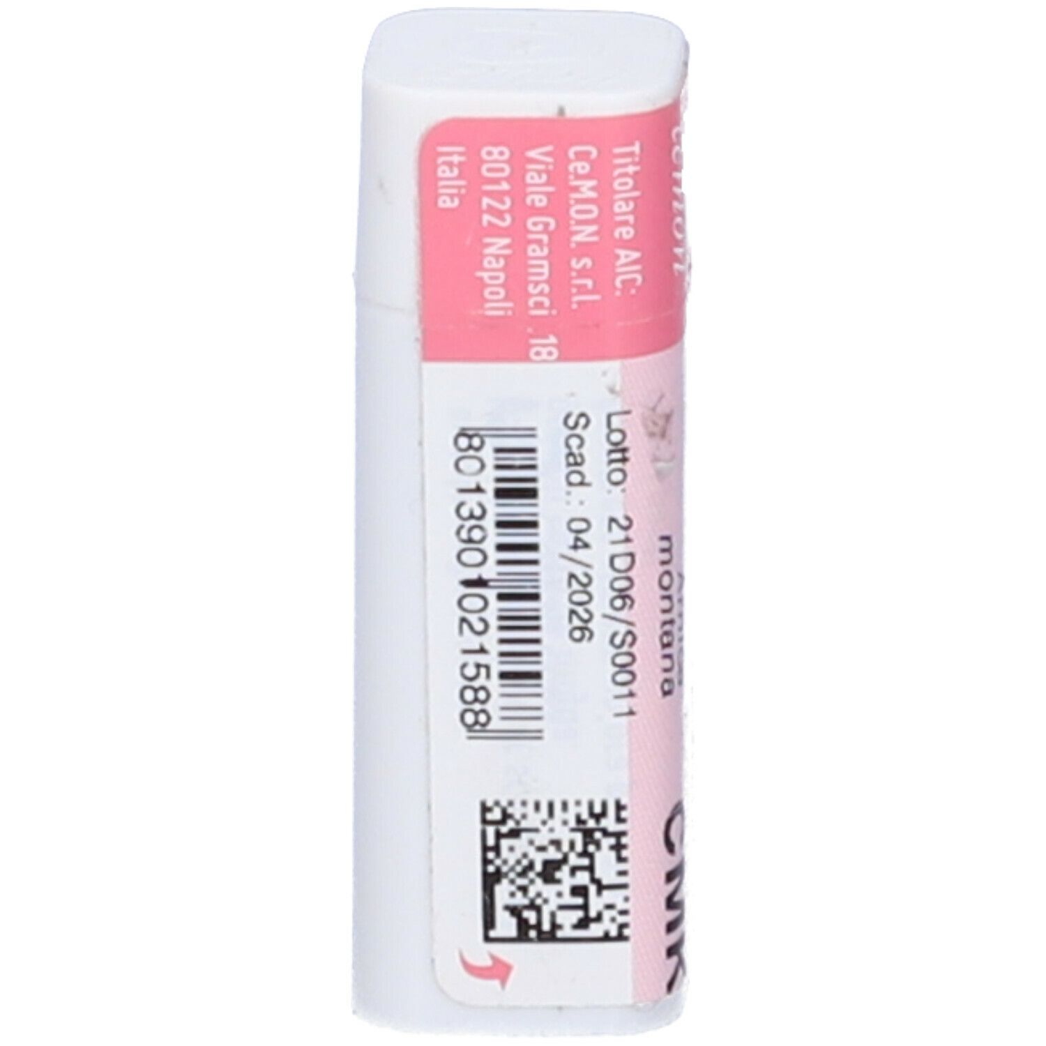 Confezione cilindrica con etichetta rosa. Scritte: Arnica montana CMK, dynamis. Codice a barre e numero di lotto.