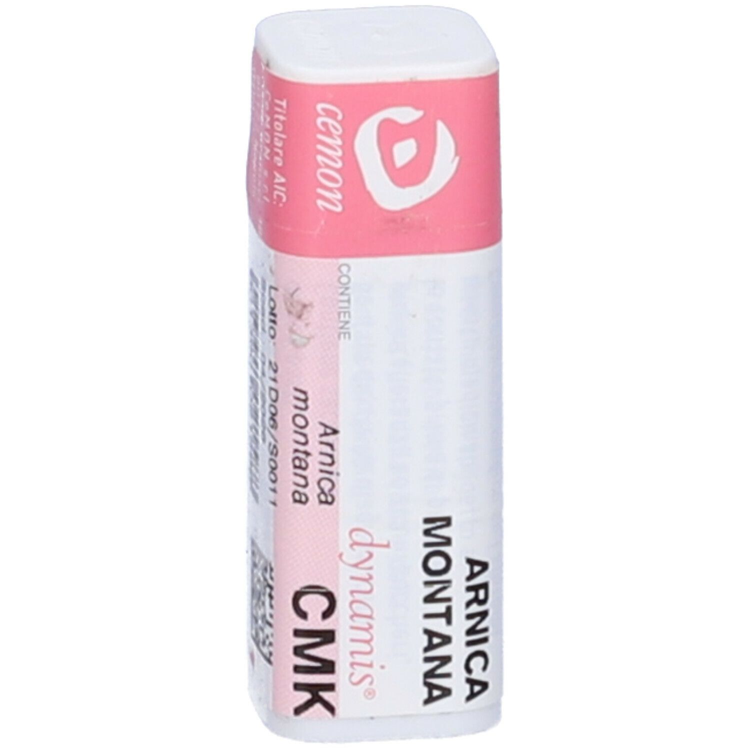 Confezione cilindrica con etichetta rosa. Scritte: Arnica montana CMK, dynamis. Coperchio bianco.