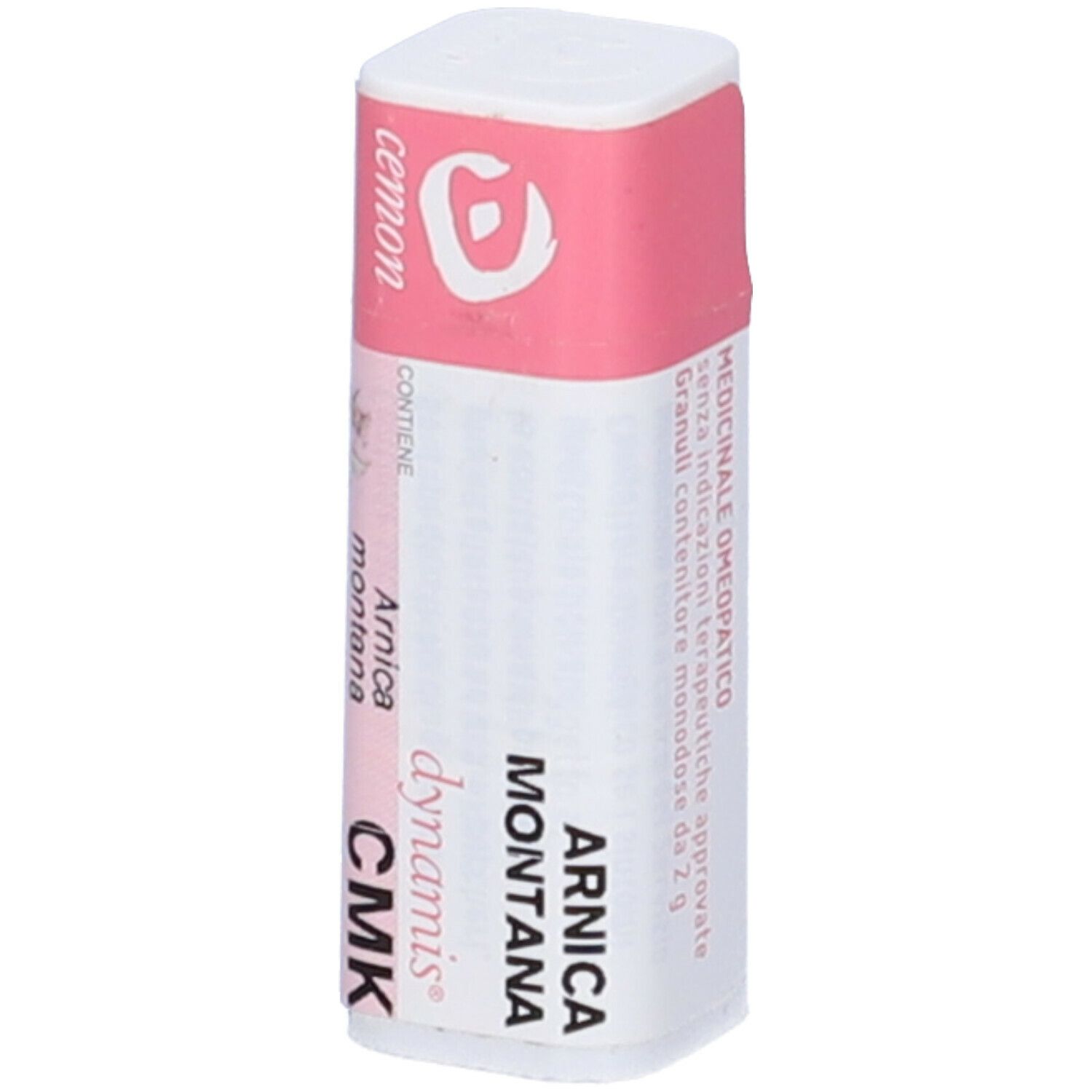 Confezione cilindrica con etichetta rosa. Scritte: Arnica montana CMK, dynamis. Medicinali omeopatici.