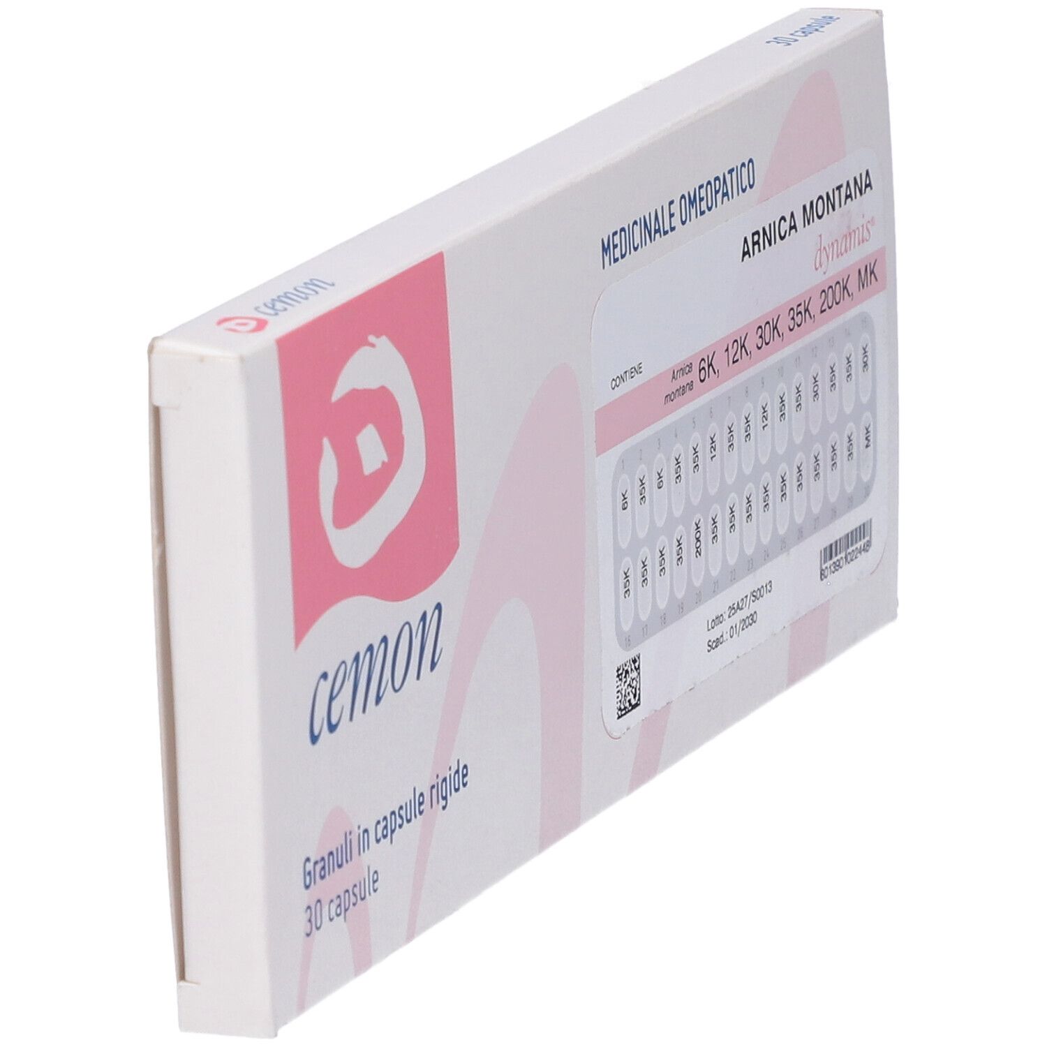 Scatola "Cemon" con granuli "Arnica Montana". Vista laterale, 30 capsule.