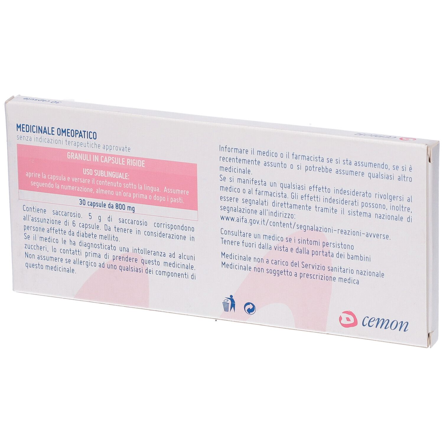 Retro della scatola "Cemon" con testo. Contiene 30 capsule.
