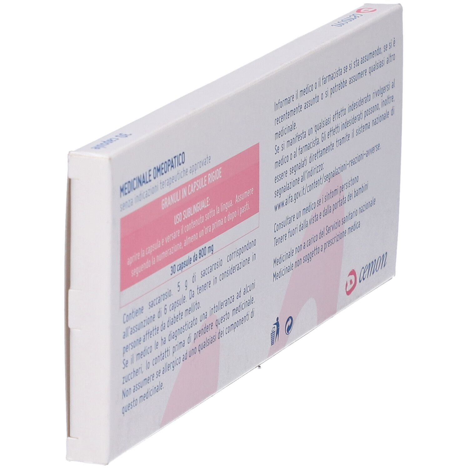 Vista laterale della scatola "Cemon" con testo. 30 capsule.