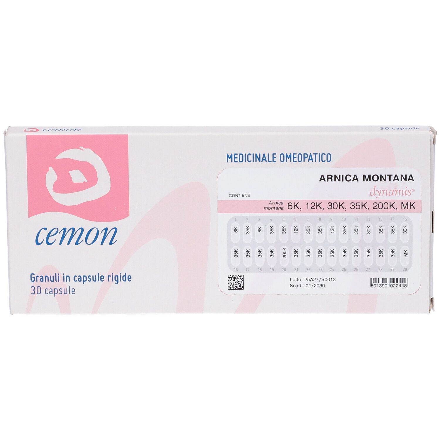 Scatola "Cemon" con granuli "Arnica Montana". 30 capsule in blister.