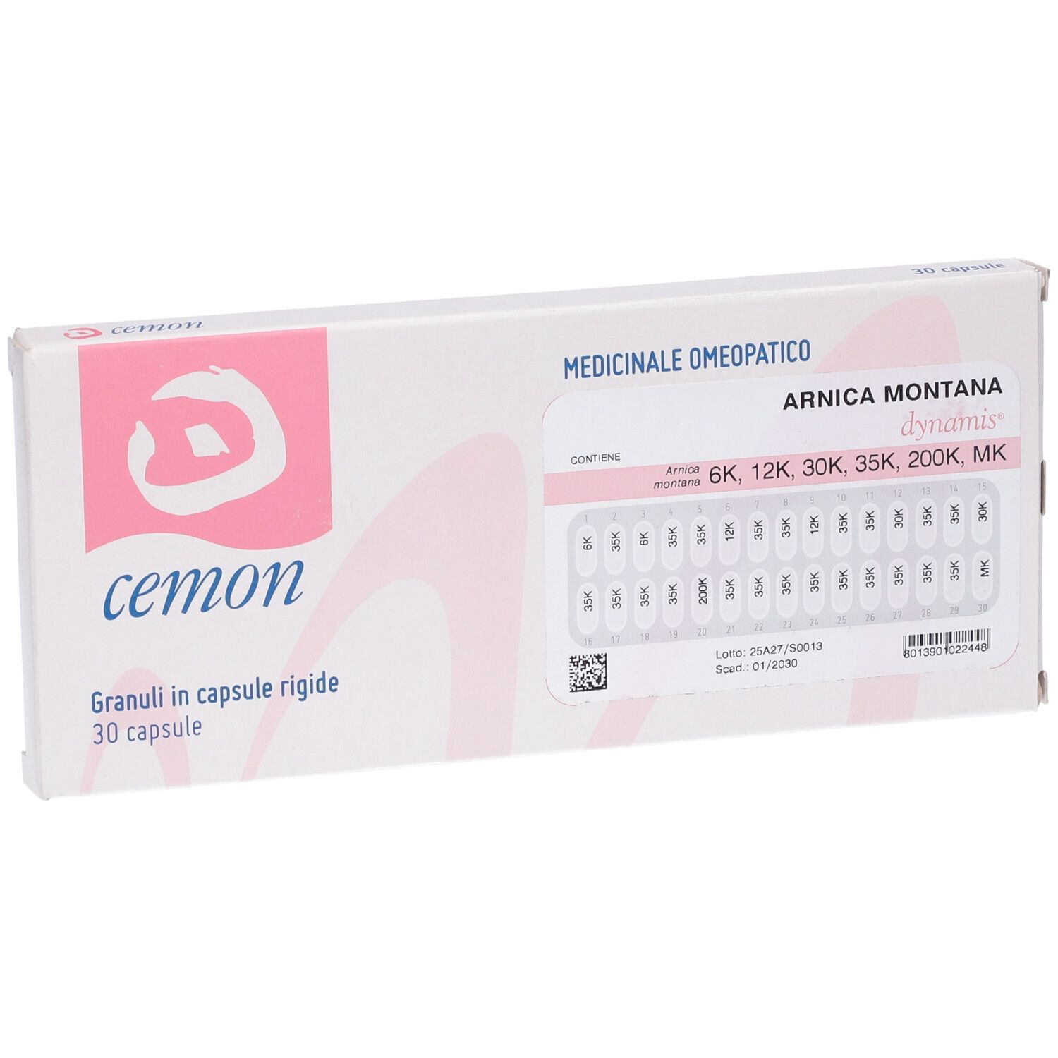 Scatola "Cemon" con granuli "Arnica Montana". 30 capsule in blister.