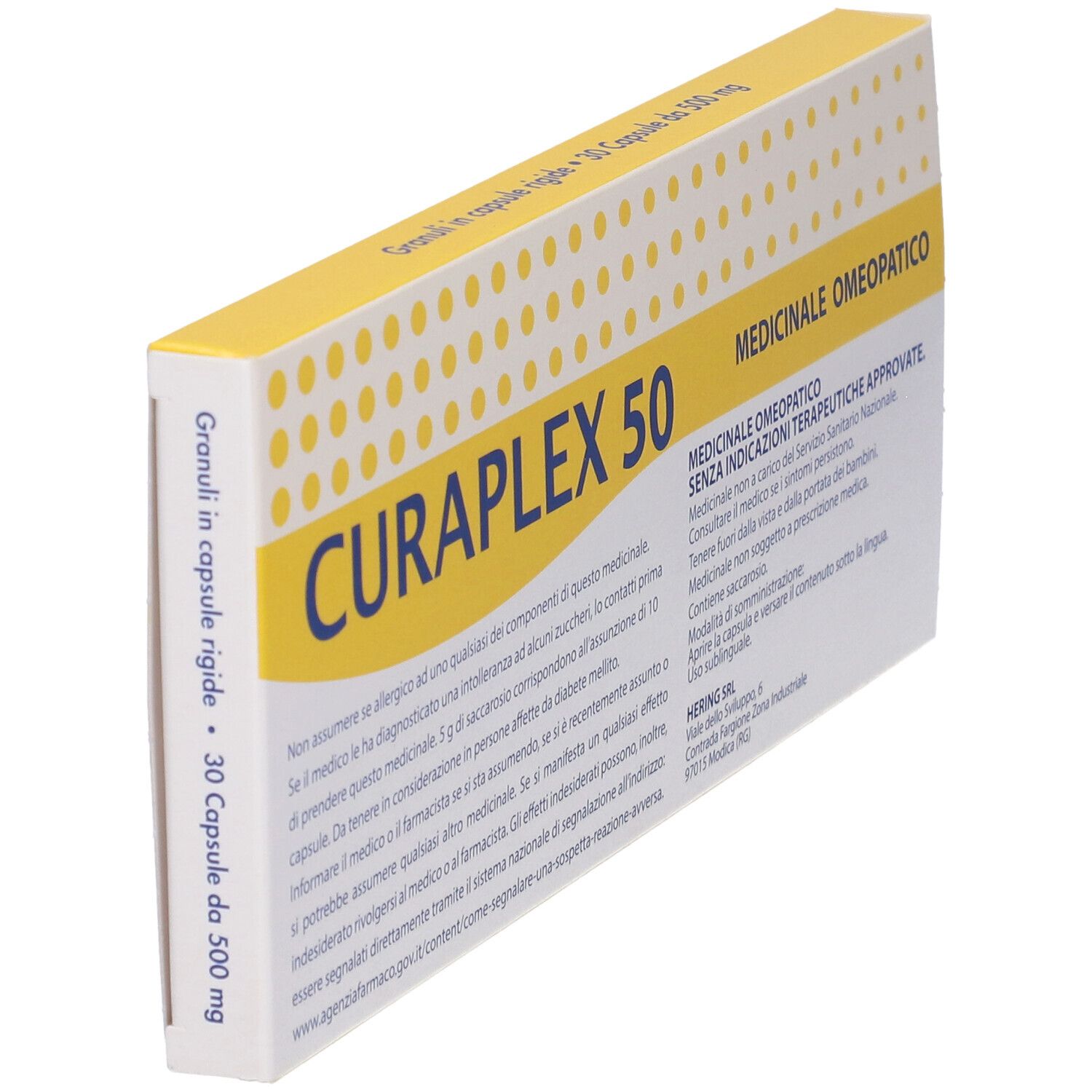 Scatola con CURAPLEX 50, punti gialli e testo. Marchio HERING. Scritta: Medicinale Omeopatico. Contiene 30 capsule.