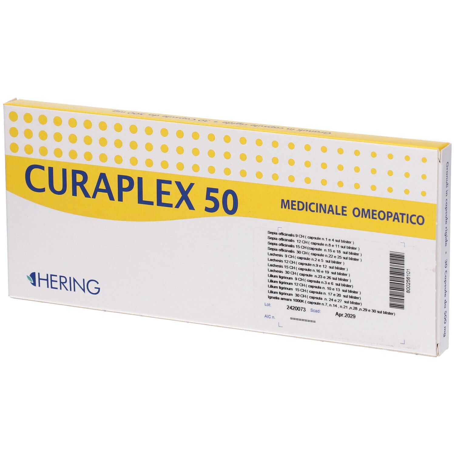 Scatola con CURAPLEX 50, punti gialli e testo. Marchio HERING. Scritta: Medicinale Omeopatico. Contiene 30 capsule.