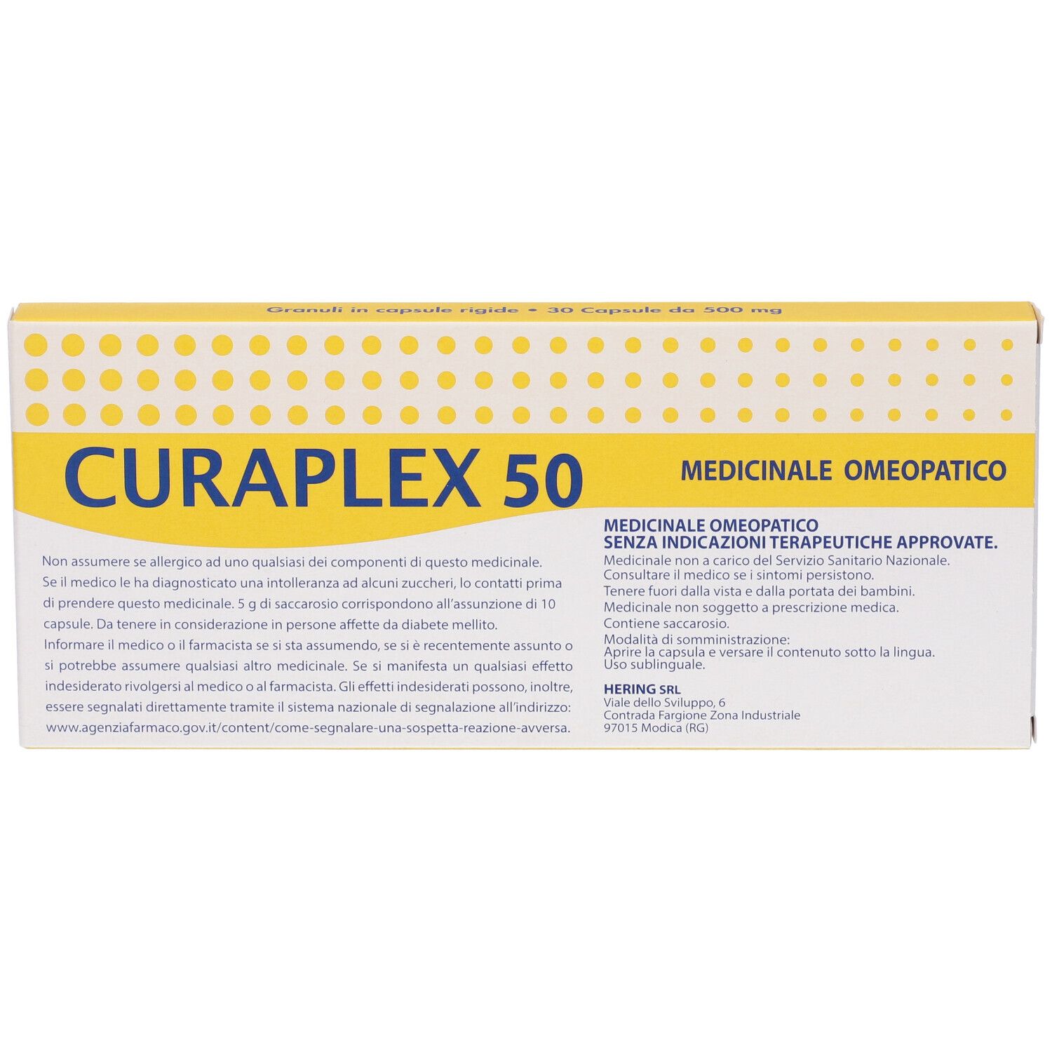 Scatola con CURAPLEX 50, punti gialli e testo. Marchio HERING. Scritta: Medicinale Omeopatico. Contiene 30 capsule.