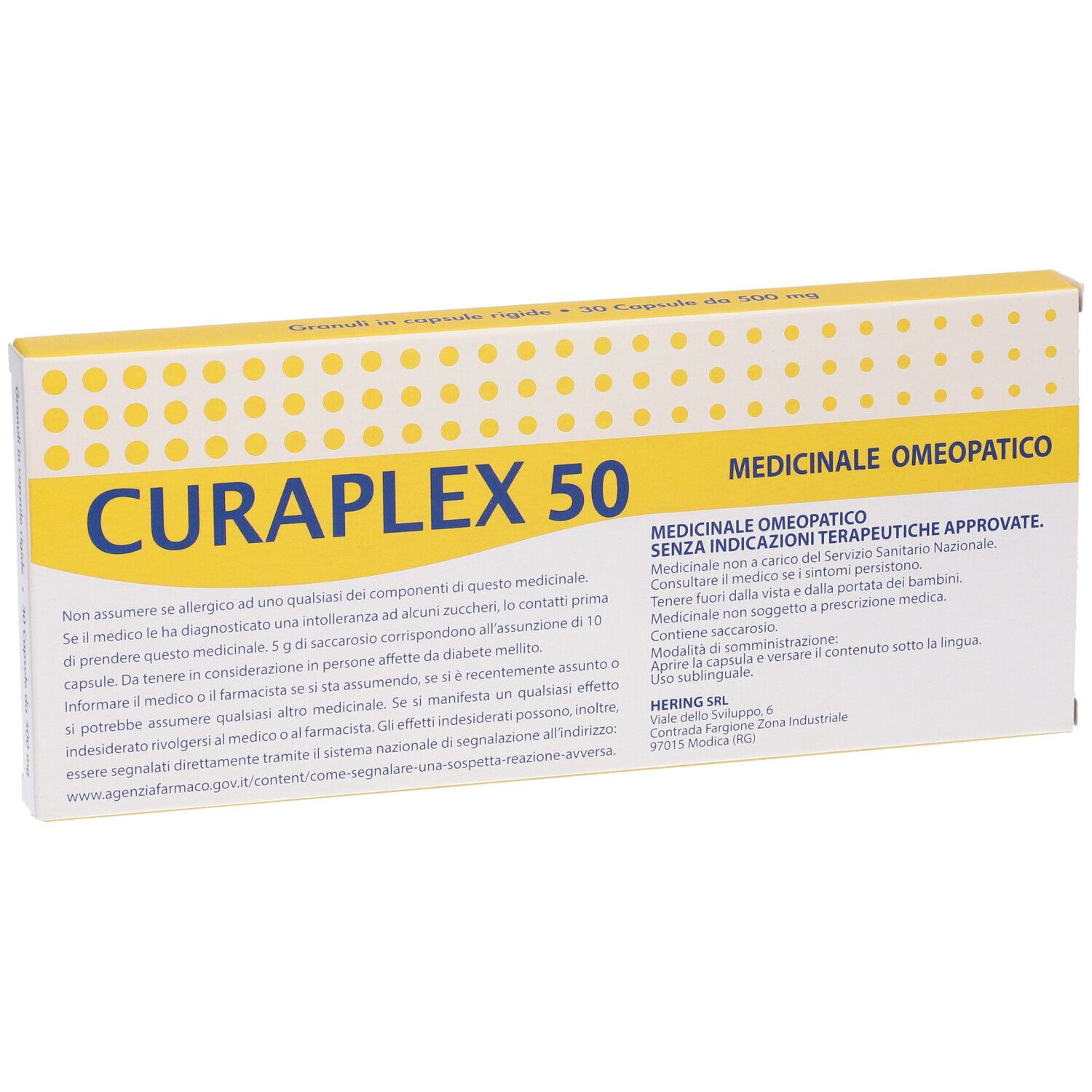 Scatola con CURAPLEX 50, punti gialli e testo. Marchio HERING. Scritta: Medicinale Omeopatico. Contiene 30 capsule.