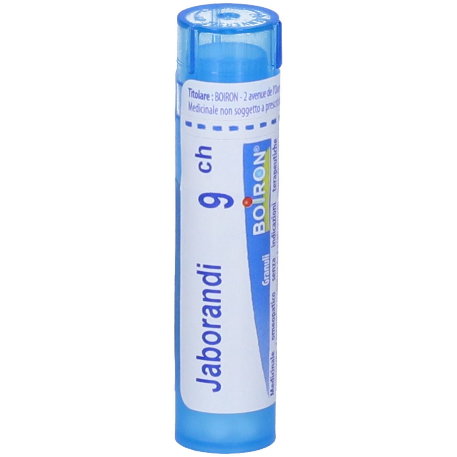 Tubo blu con etichetta bianca. Scritta Jaborandi 9 ch e logo BOIRON. Granuli.