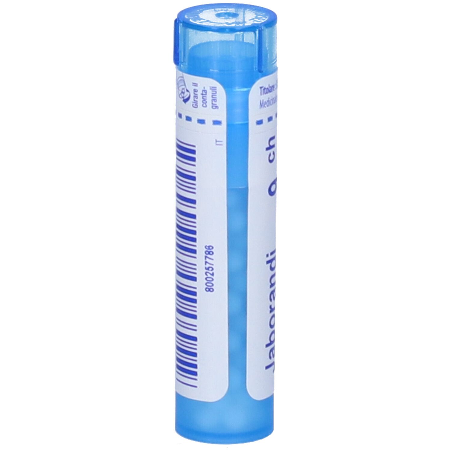 Tubo blu con etichetta bianca e codice a barre. Scritta Jaborandi 9 ch. Informazioni produttore.