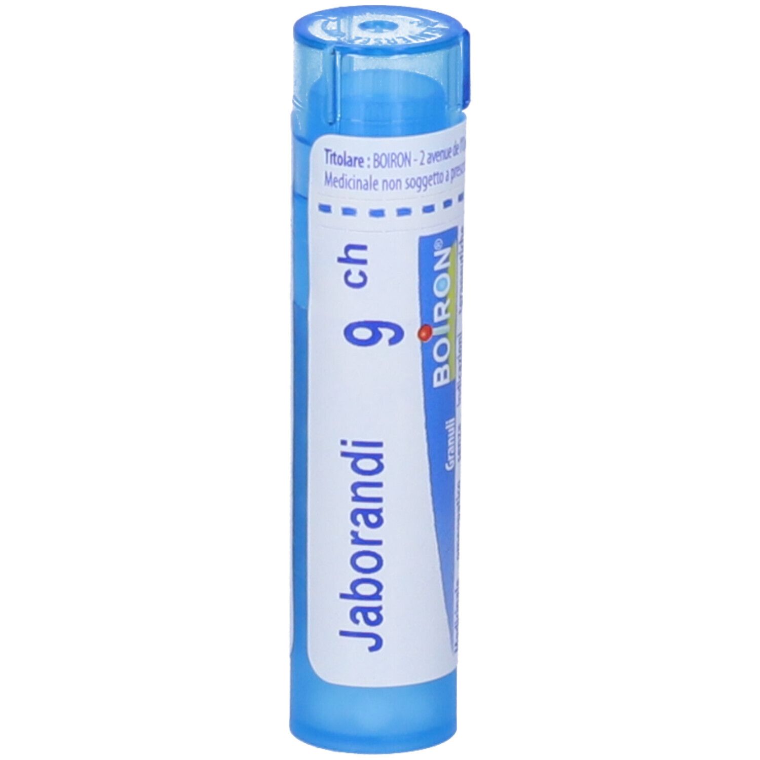 Tubo blu con etichetta bianca. Scritta Jaborandi 9 ch e logo BOIRON. Granuli.