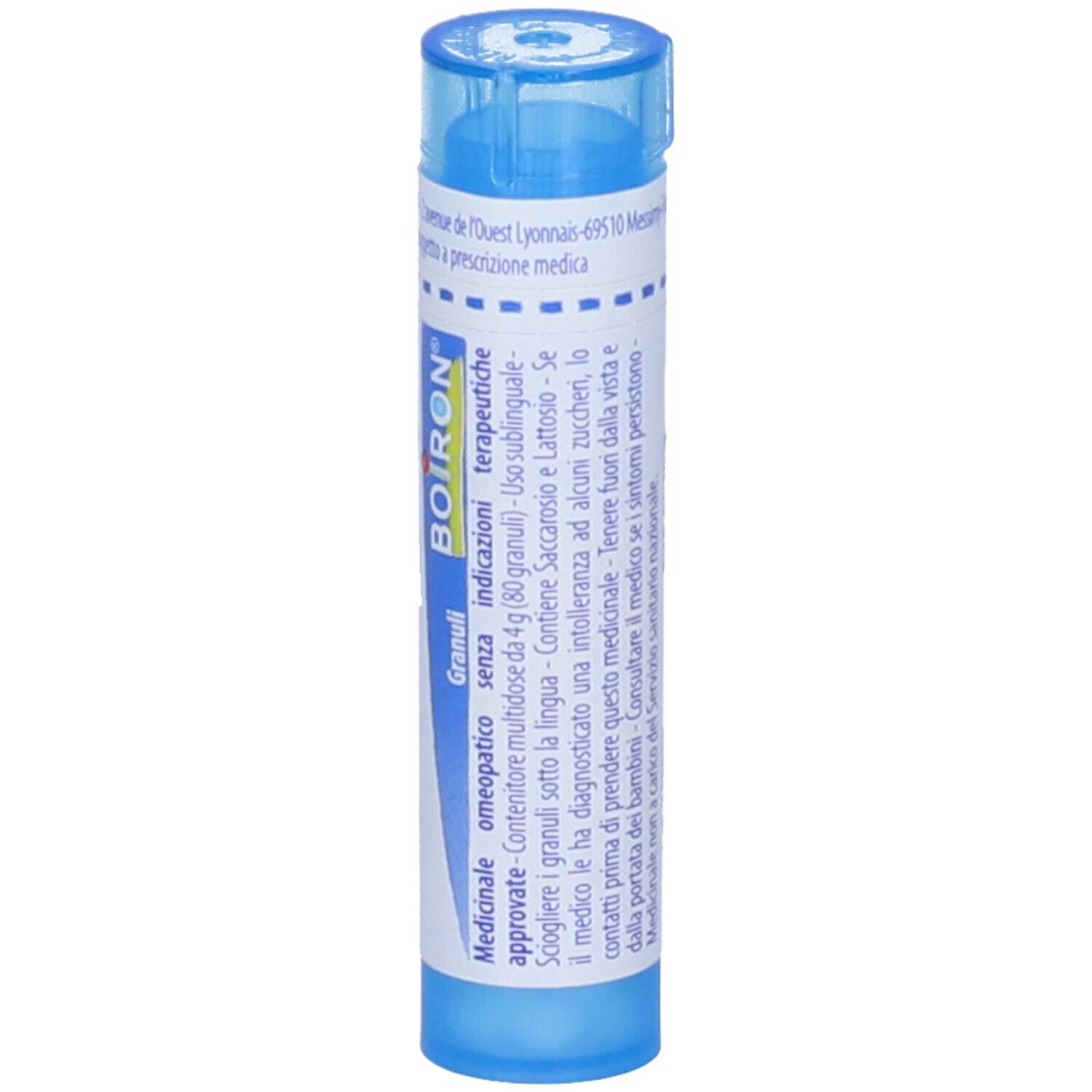 Tubo blu con etichetta bianca. Scritta Jaborandi 9 ch e logo BOIRON. Granuli.