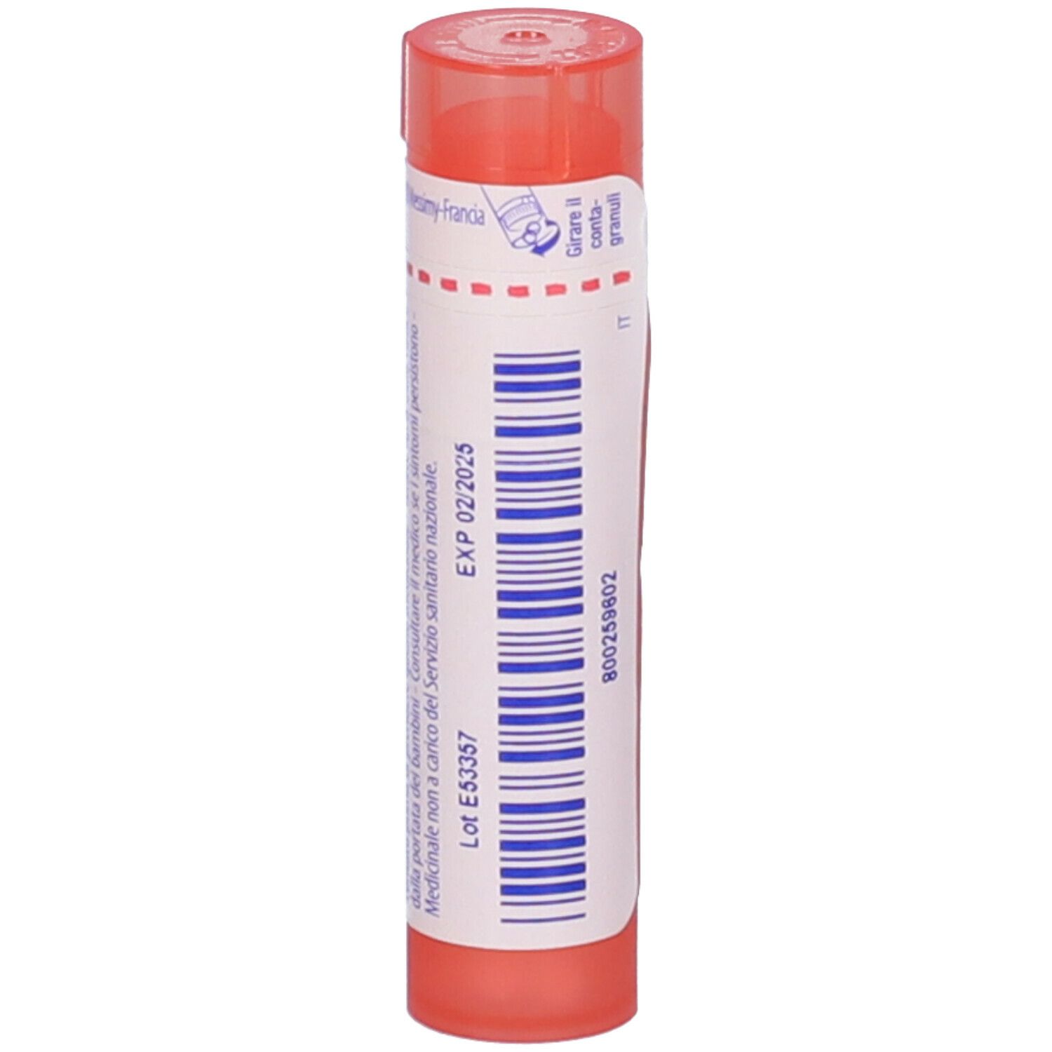 Tubo cilindrico rosa. Scritta: Colibacillinum 7 ch, BOIRON, EXP 02/2025.