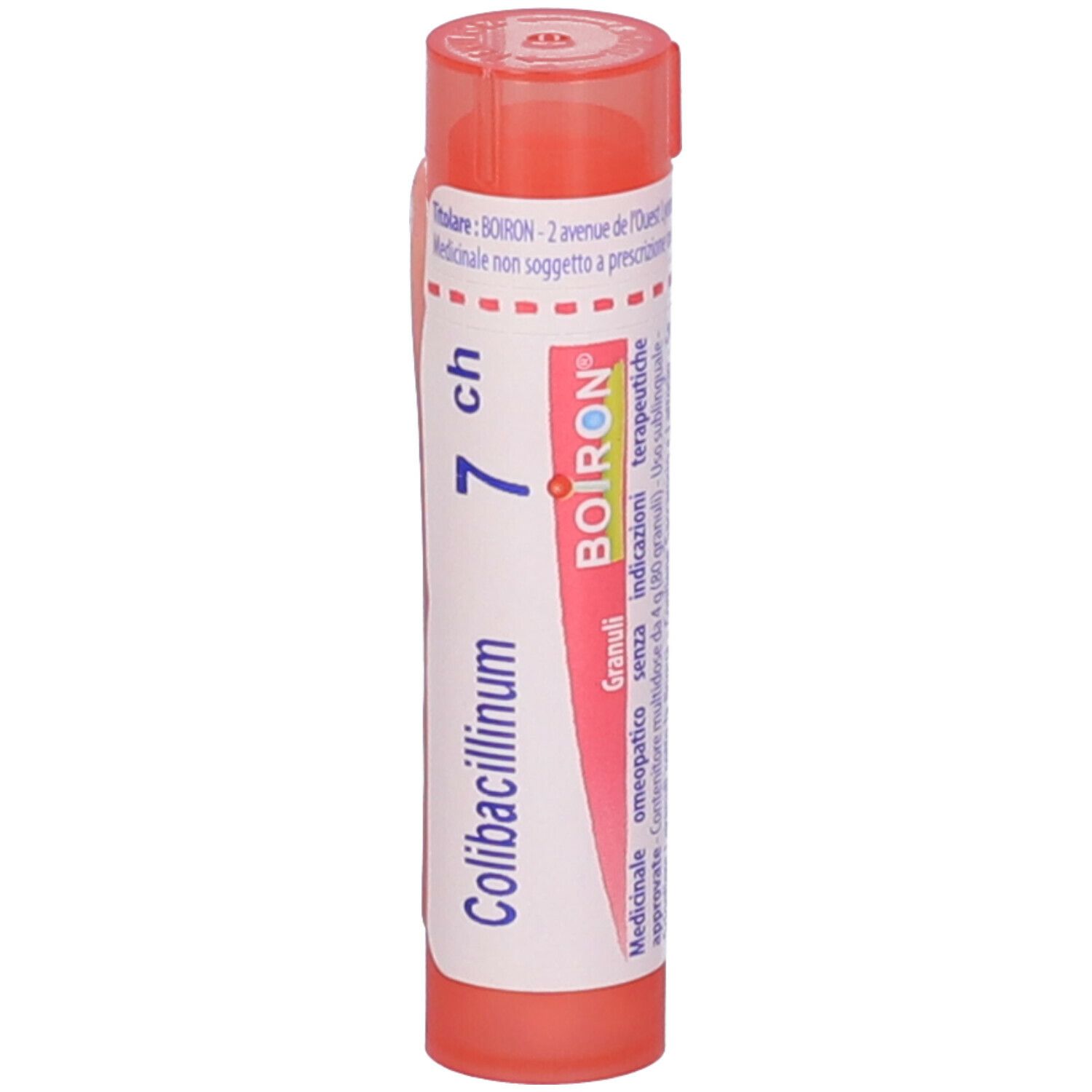Tubo cilindrico rosa. Scritta: Colibacillinum 7 ch, BOIRON, Granuli.