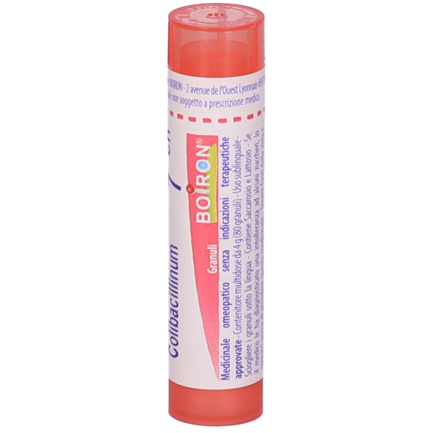 Tubo cilindrico rosa. Scritta: Colibacillinum 7 ch, BOIRON, Granuli.