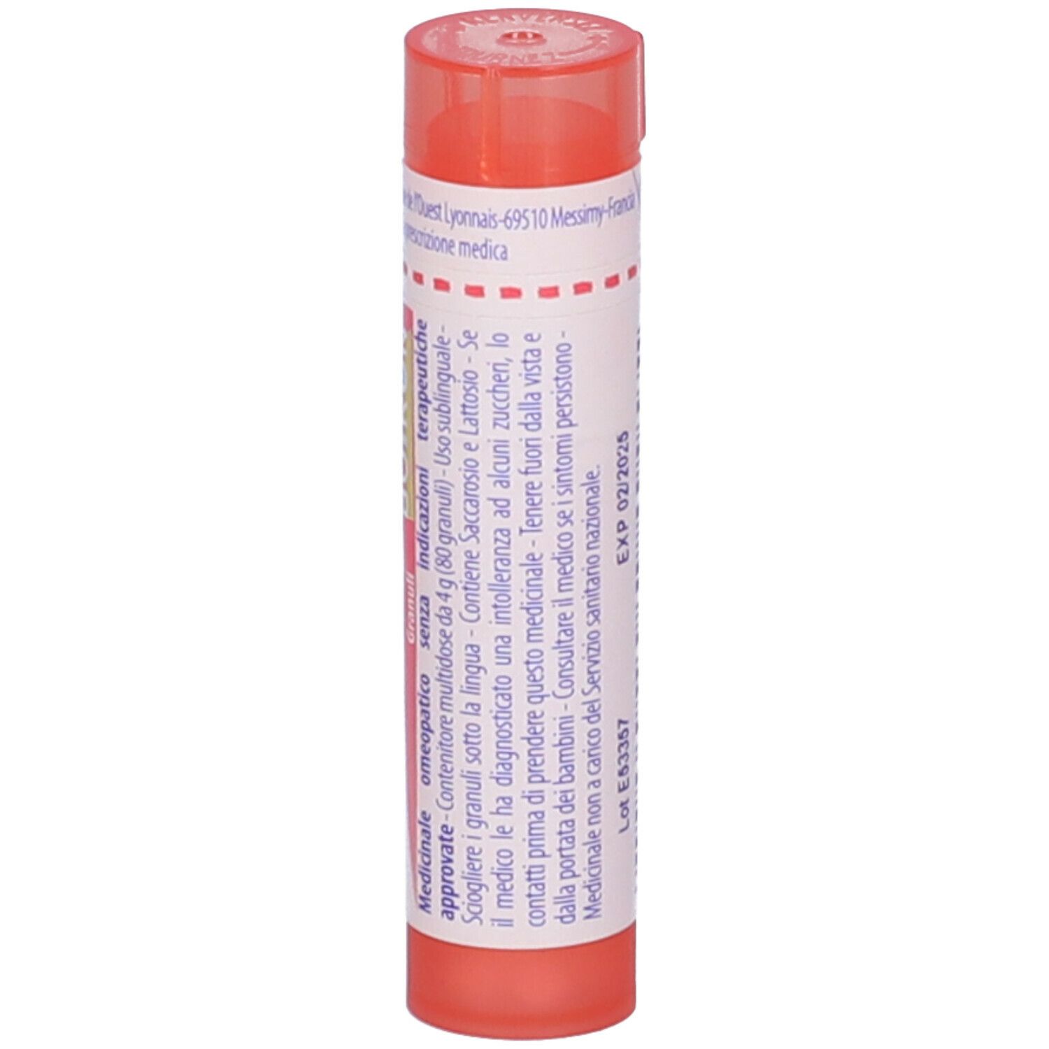 Tubo cilindrico rosa. Scritta: Colibacillinum 7 ch, BOIRON, EXP 02/2025.
