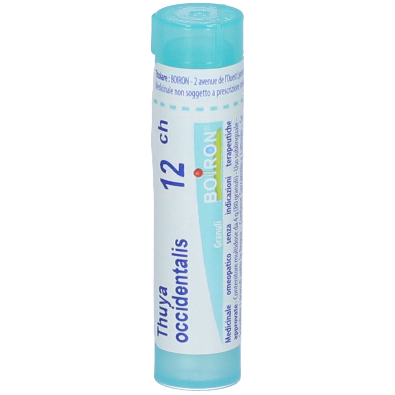 Flacone cilindrico azzurro con tappo blu. Scritta: Thuya occidentalis 12 ch, BOIRON. Granuli.