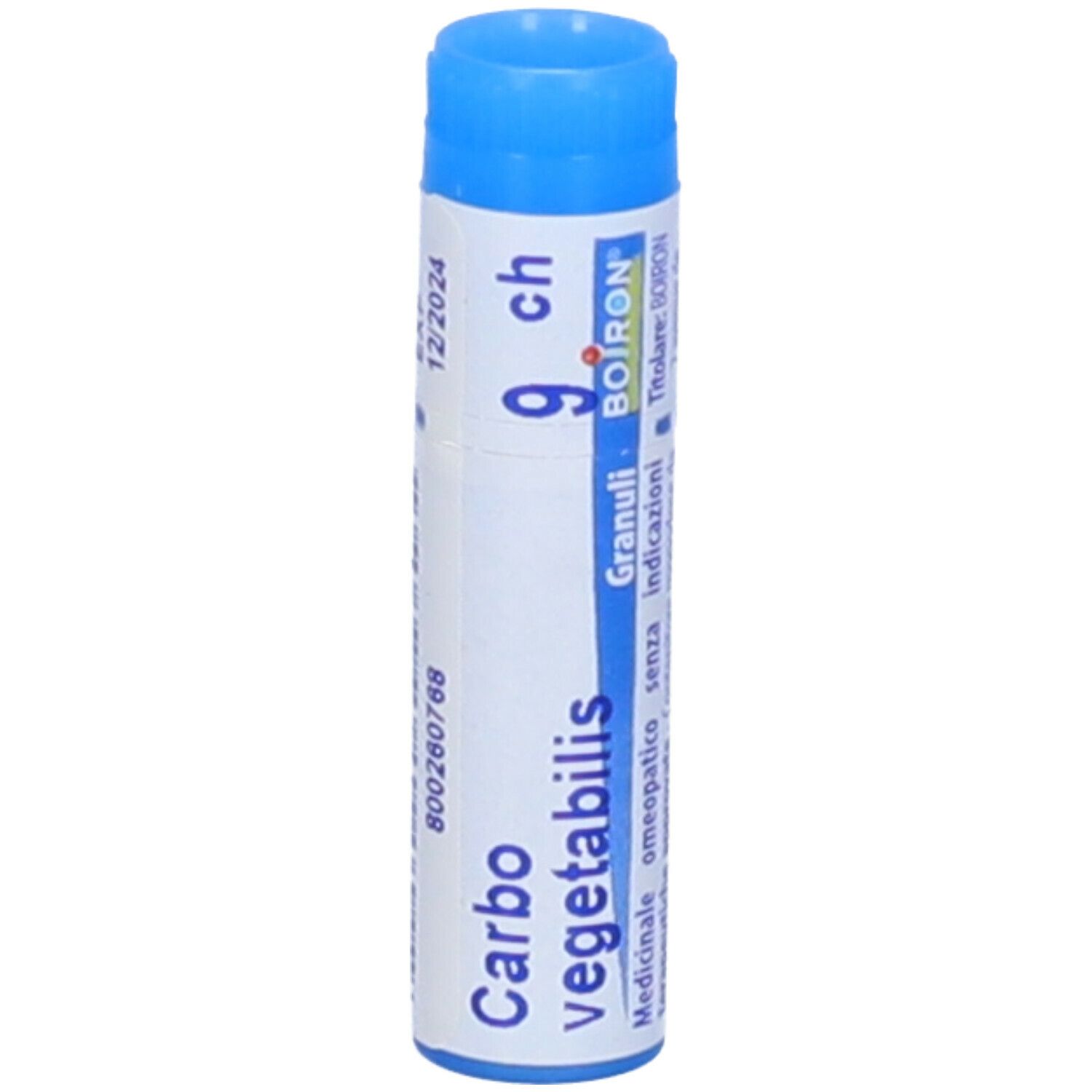 Tubo blu con 'Carbo vegetabilis 9 ch'. Scritta 'Granuli' e 'Boiron'.