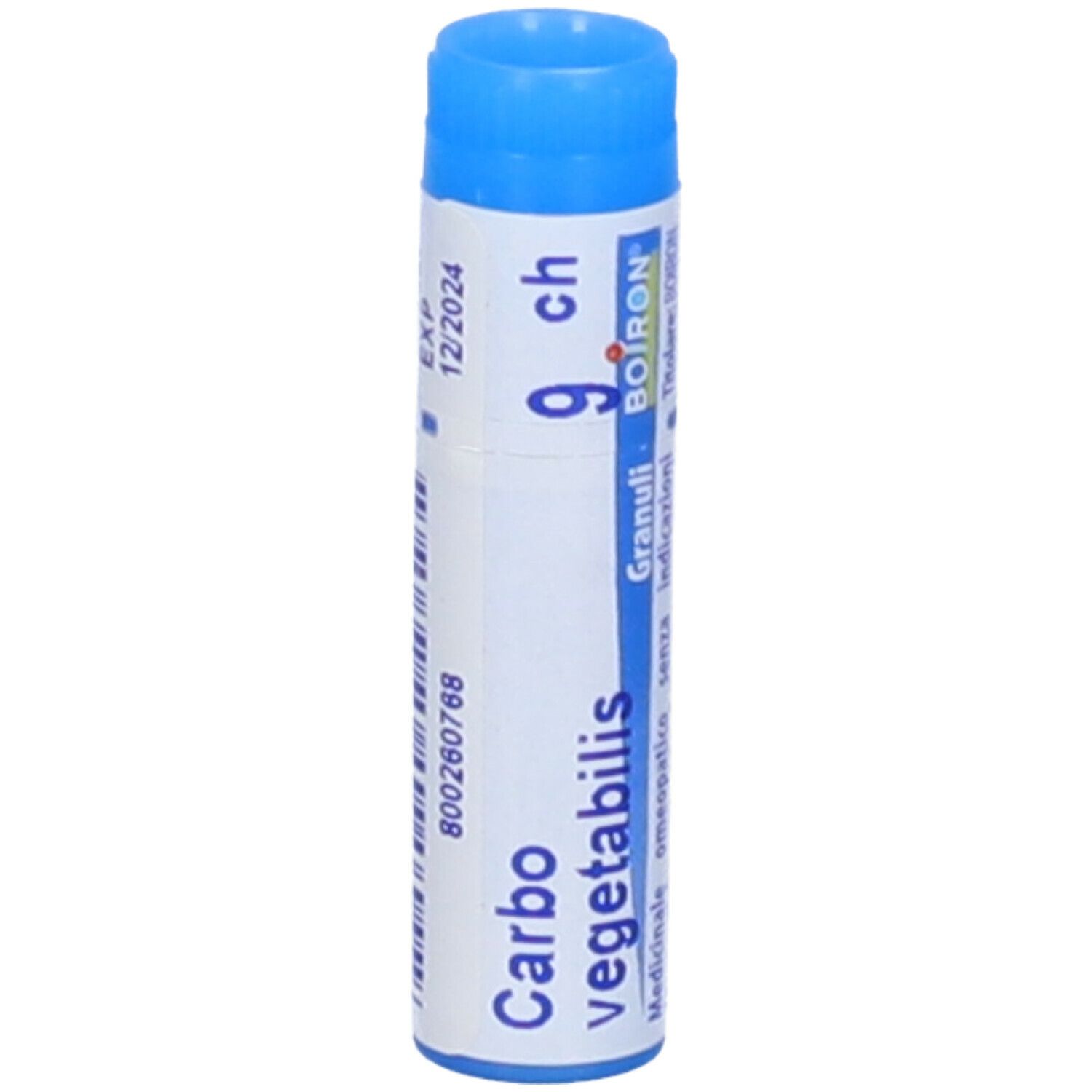 Tubo blu con 'Carbo vegetabilis 9 ch'. 'EXP 12/2024'. Marchio Boiron.