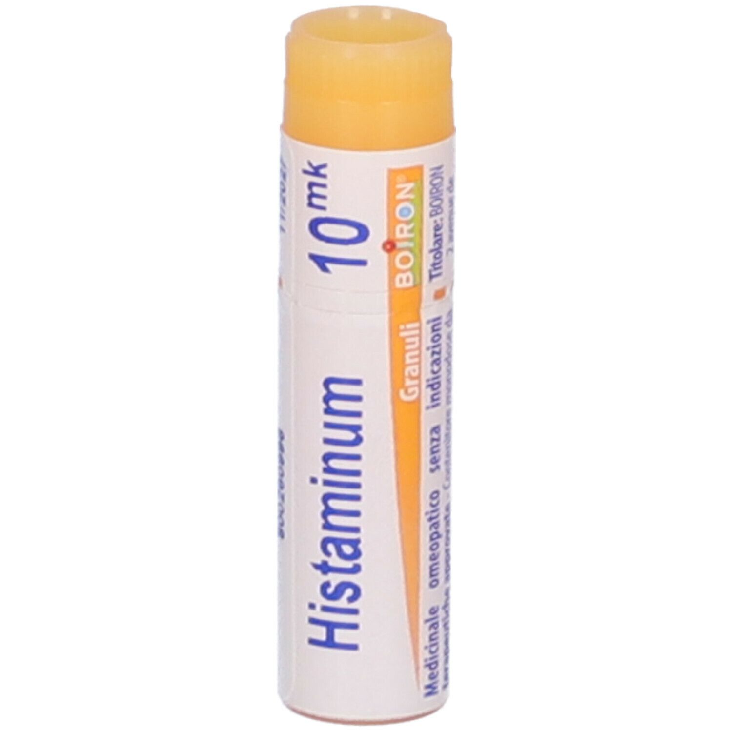 Confezione cilindrica con scritta Histaminum 10 mk. Parte superiore gialla. Marchio Boiron.