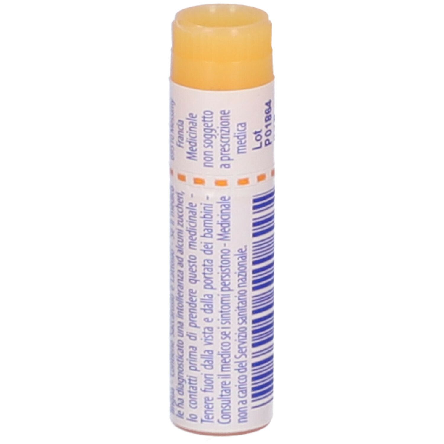 Confezione cilindrica con scritta Histaminum 10 mk. Parte superiore gialla. Testo sui farmaci.