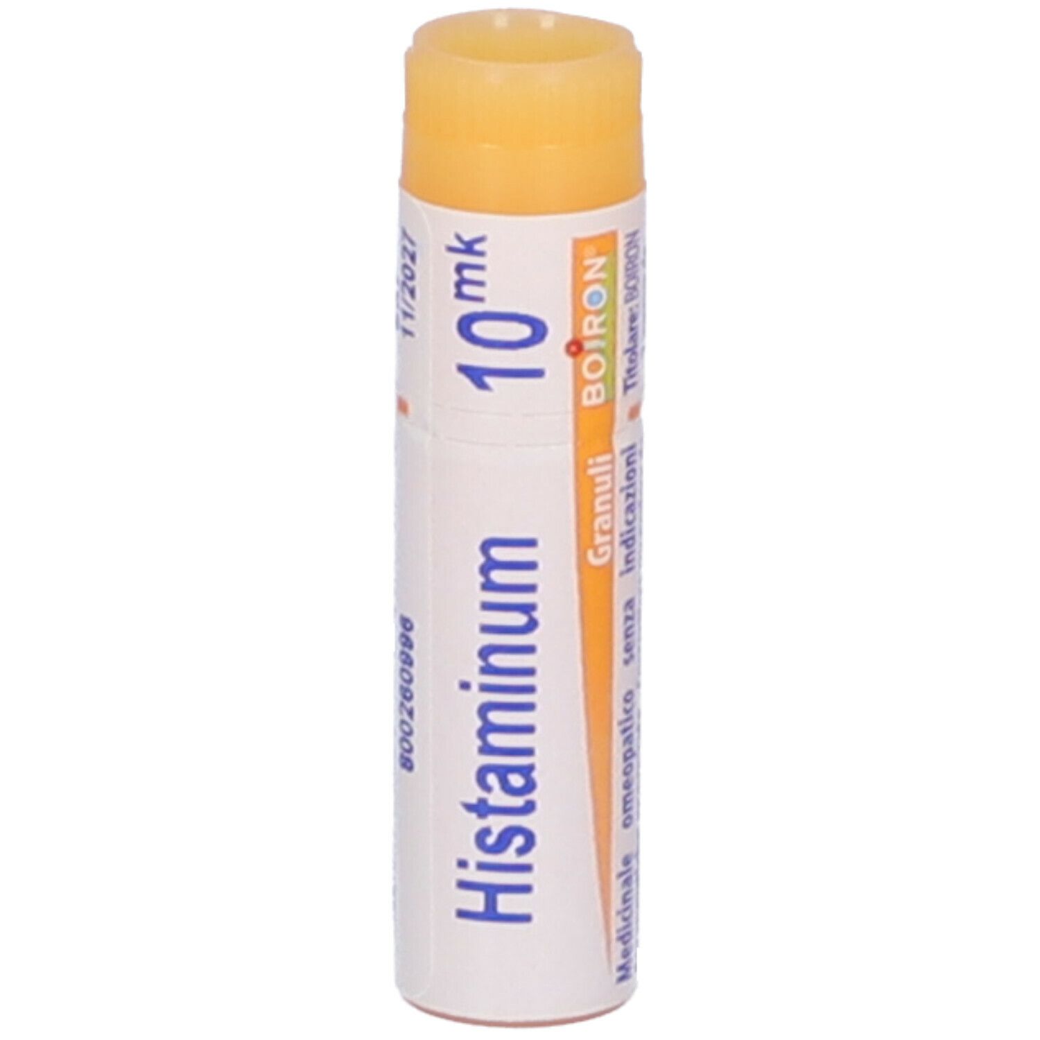 Confezione cilindrica con scritta Histaminum 10 mk. Parte superiore gialla. Marchio Boiron.