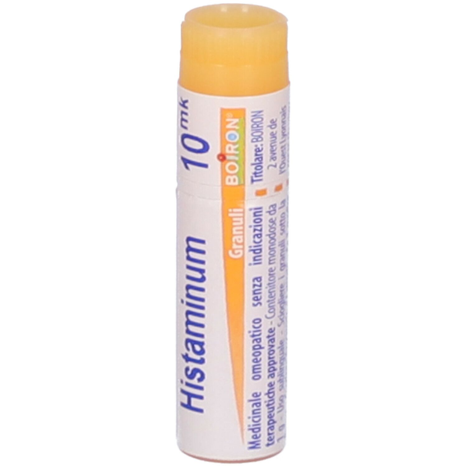 Confezione cilindrica con scritta Histaminum 10 mk. Parte superiore gialla. Marchio Boiron.