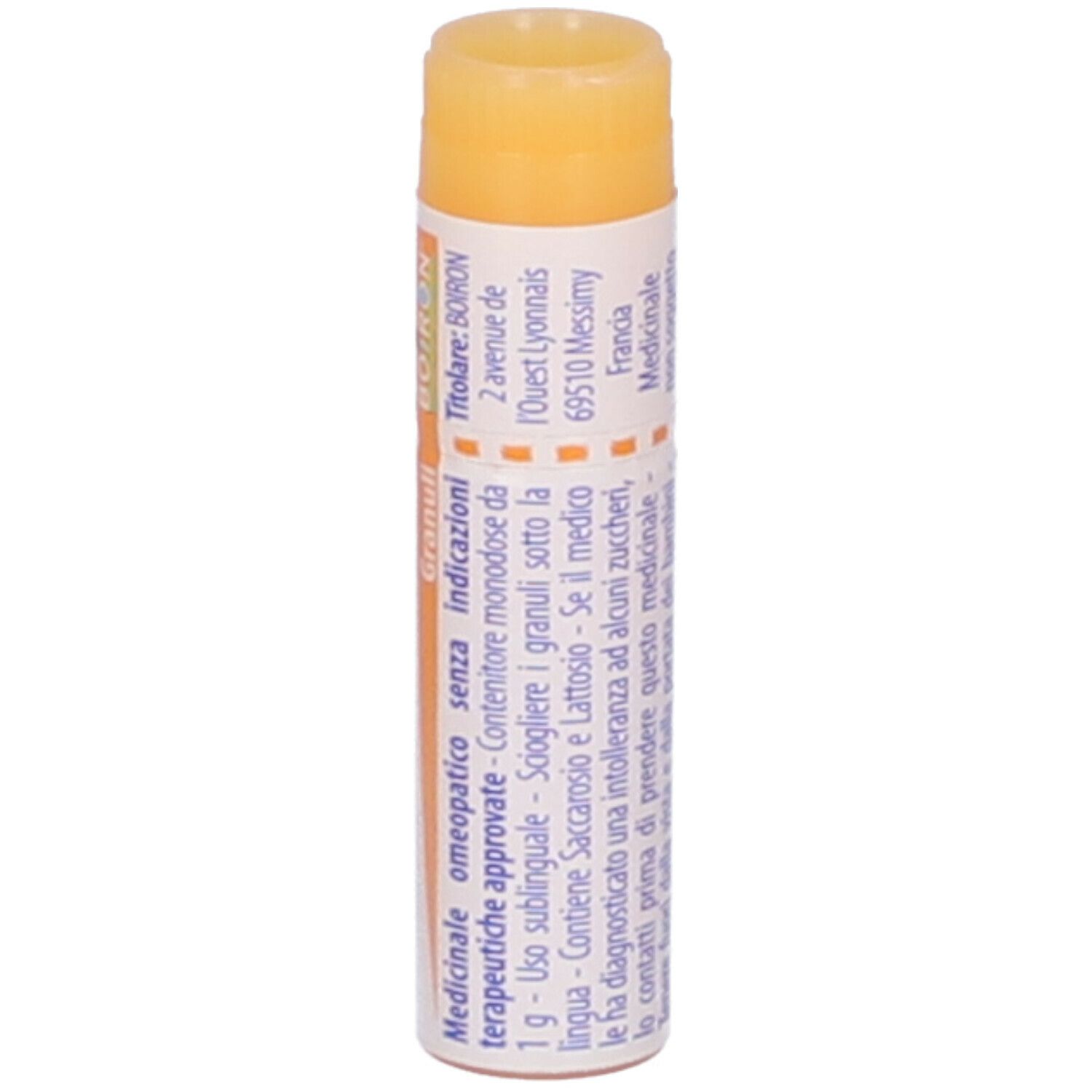 Confezione cilindrica con scritta Histaminum 10 mk. Parte superiore gialla. Marchio Boiron.