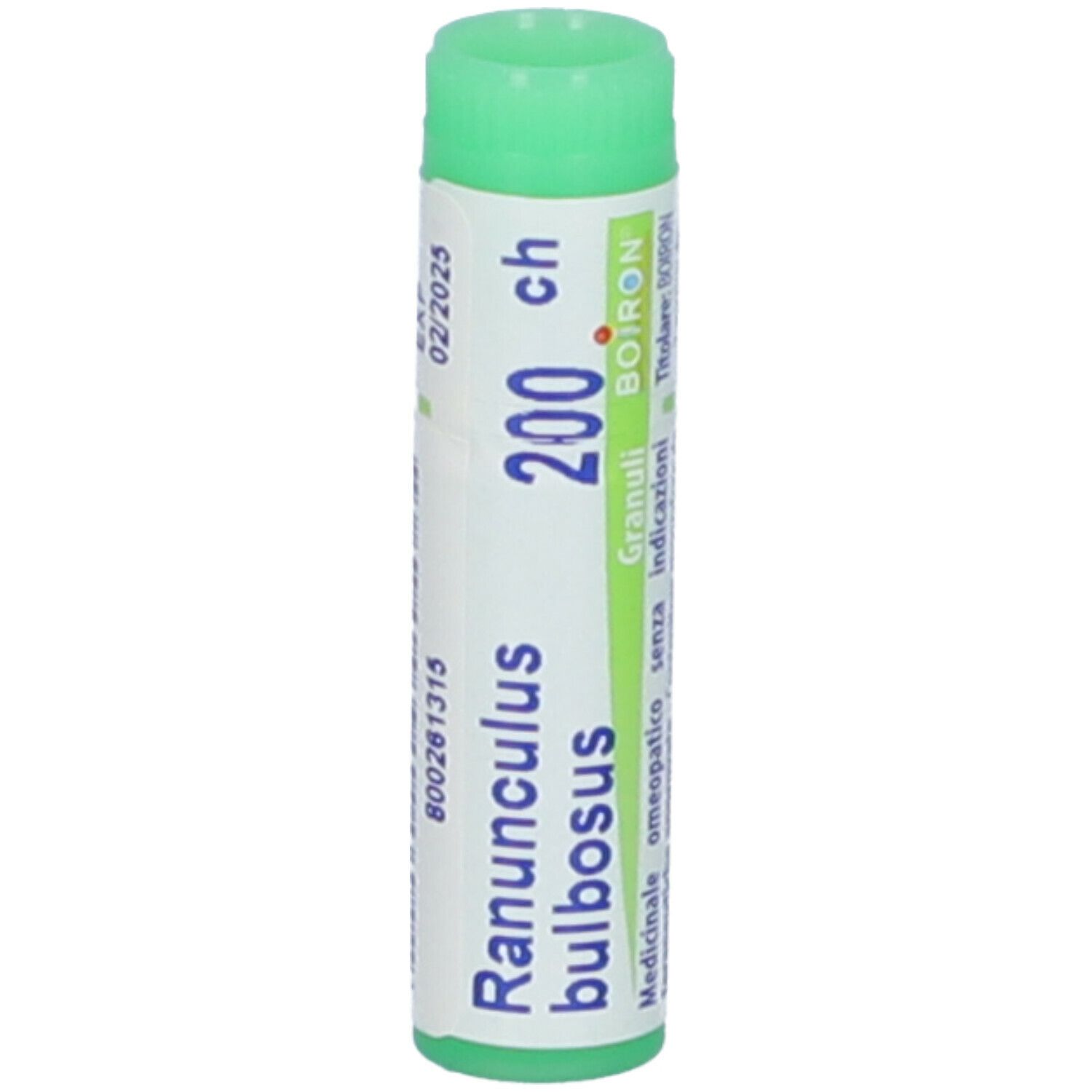 Confezione cilindrica con tappo verde. Scritta: Ranunculus bulbosus 200 ch, Boiron. Scadenza 02/2025.
