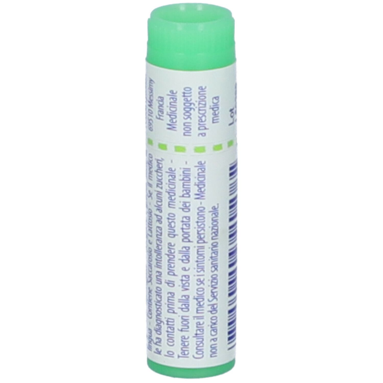 Confezione cilindrica con tappo verde. Testo: Medicinale, non soggetto a prescrizione. Avvertenza.
