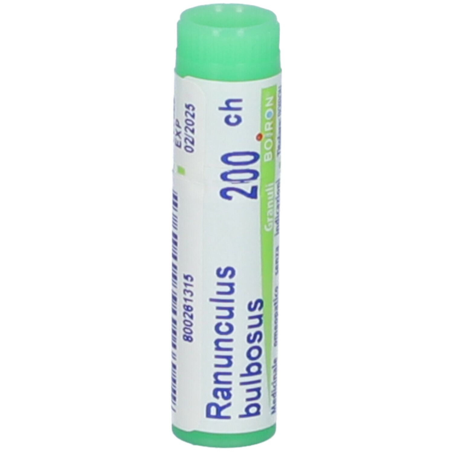 Confezione cilindrica con tappo verde. Scritta: Ranunculus bulbosus 200 ch, Boiron. Scadenza 02/2025.