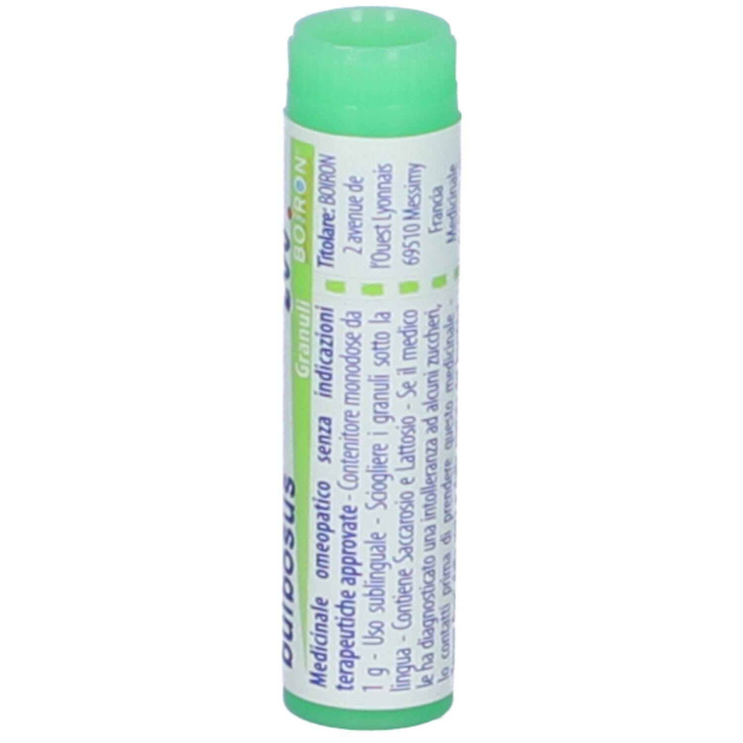 Confezione cilindrica con tappo verde. Scritta: Ranunculus bulbosus, Boiron. Medicinale omeopatico.