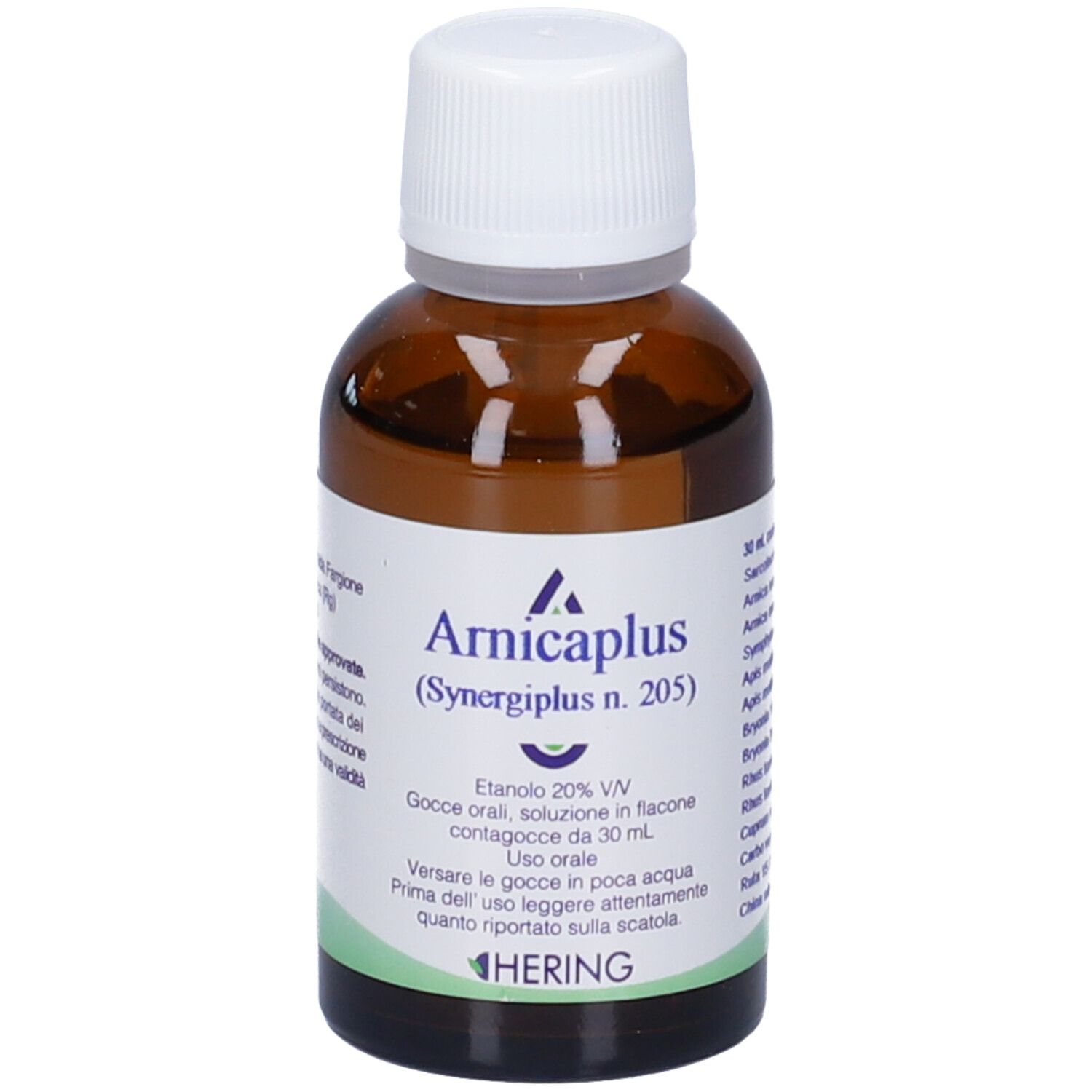 Flacone di vetro marrone con tappo bianco. Scritta: Arnicaplus (Synergipus n. 205), Hering. Gocce.