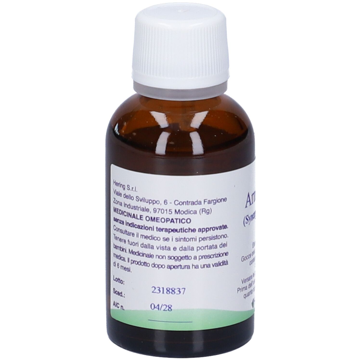 Flacone di vetro marrone con tappo bianco. Scritta: Arnicaplus (Synergipus n. 205), Hering. Gocce.