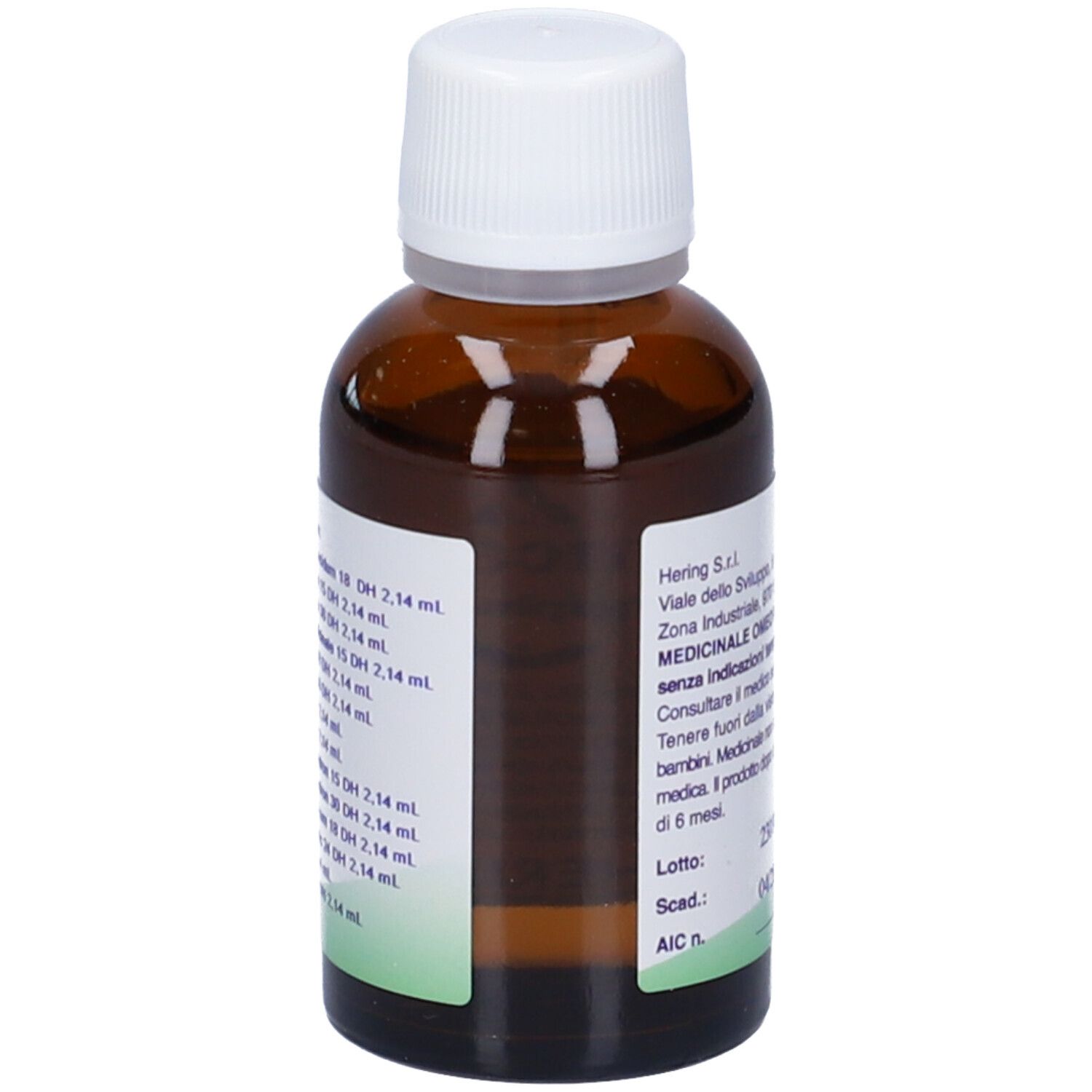 Flacone di vetro marrone con tappo bianco. Scritta: Arnicaplus (Synergipus n. 205), Hering. Gocce.