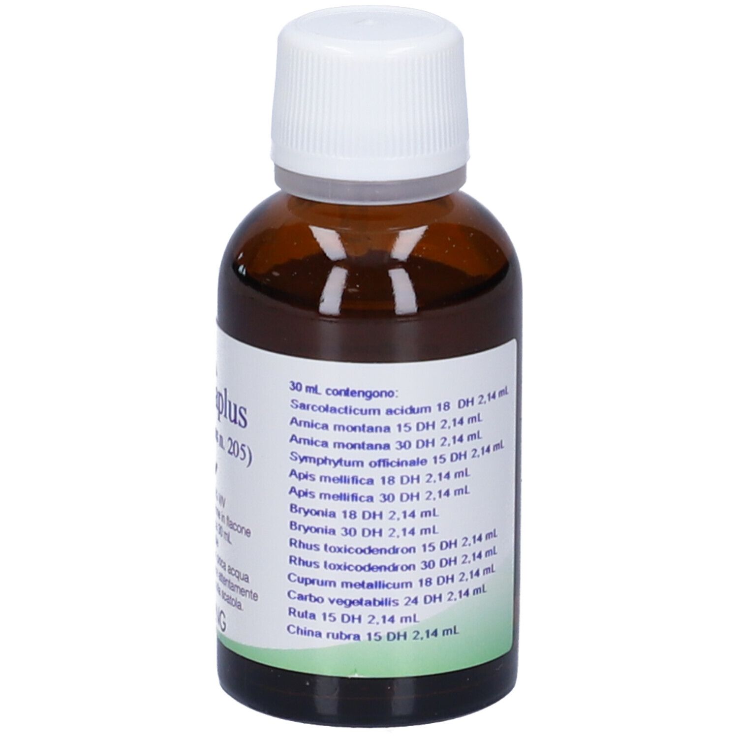 Flacone di vetro marrone con tappo bianco. Scritta: Arnicaplus (Synergipus n. 205), Hering. Gocce.