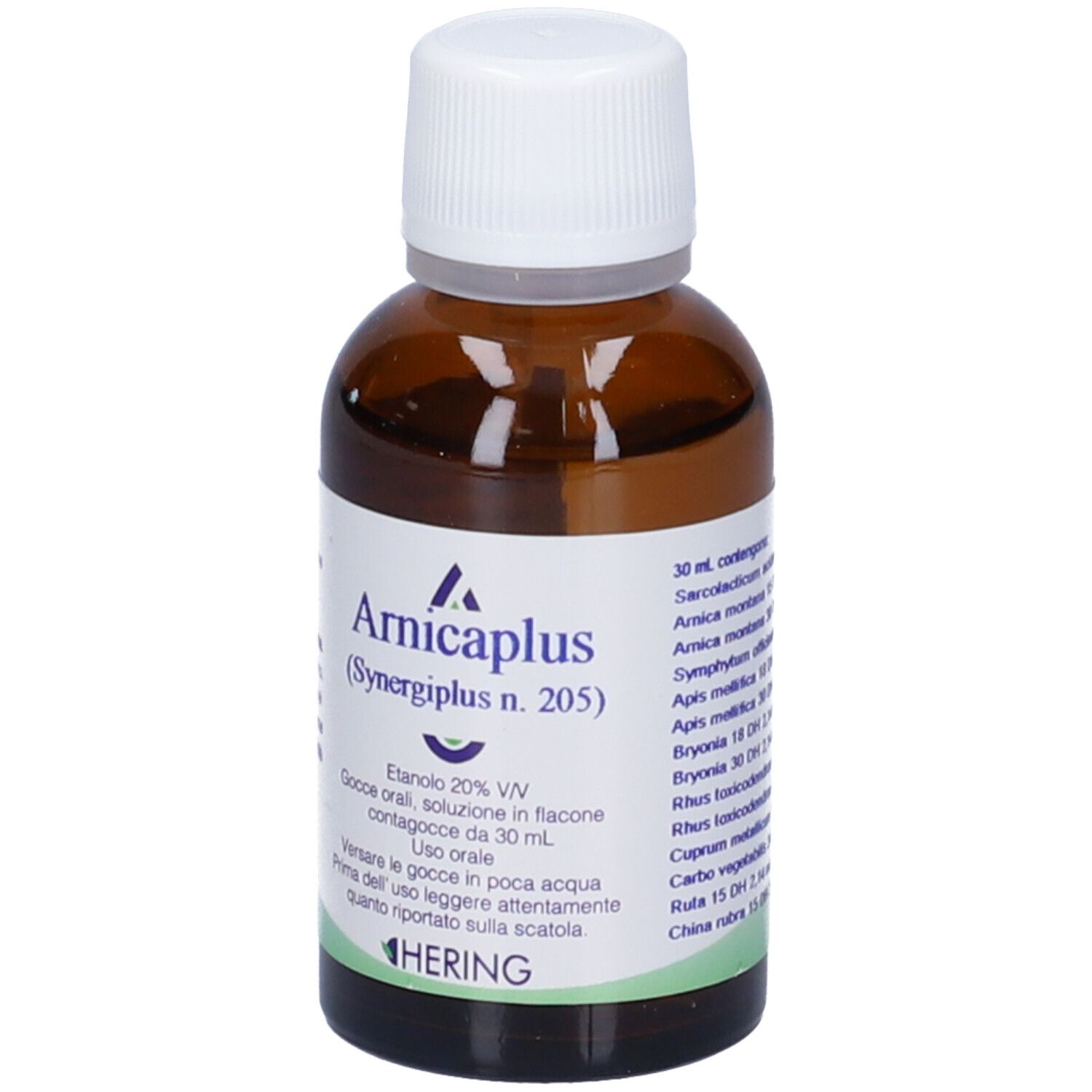 Flacone di vetro marrone con tappo bianco. Scritta: Arnicaplus (Synergipus n. 205), Hering. Gocce.