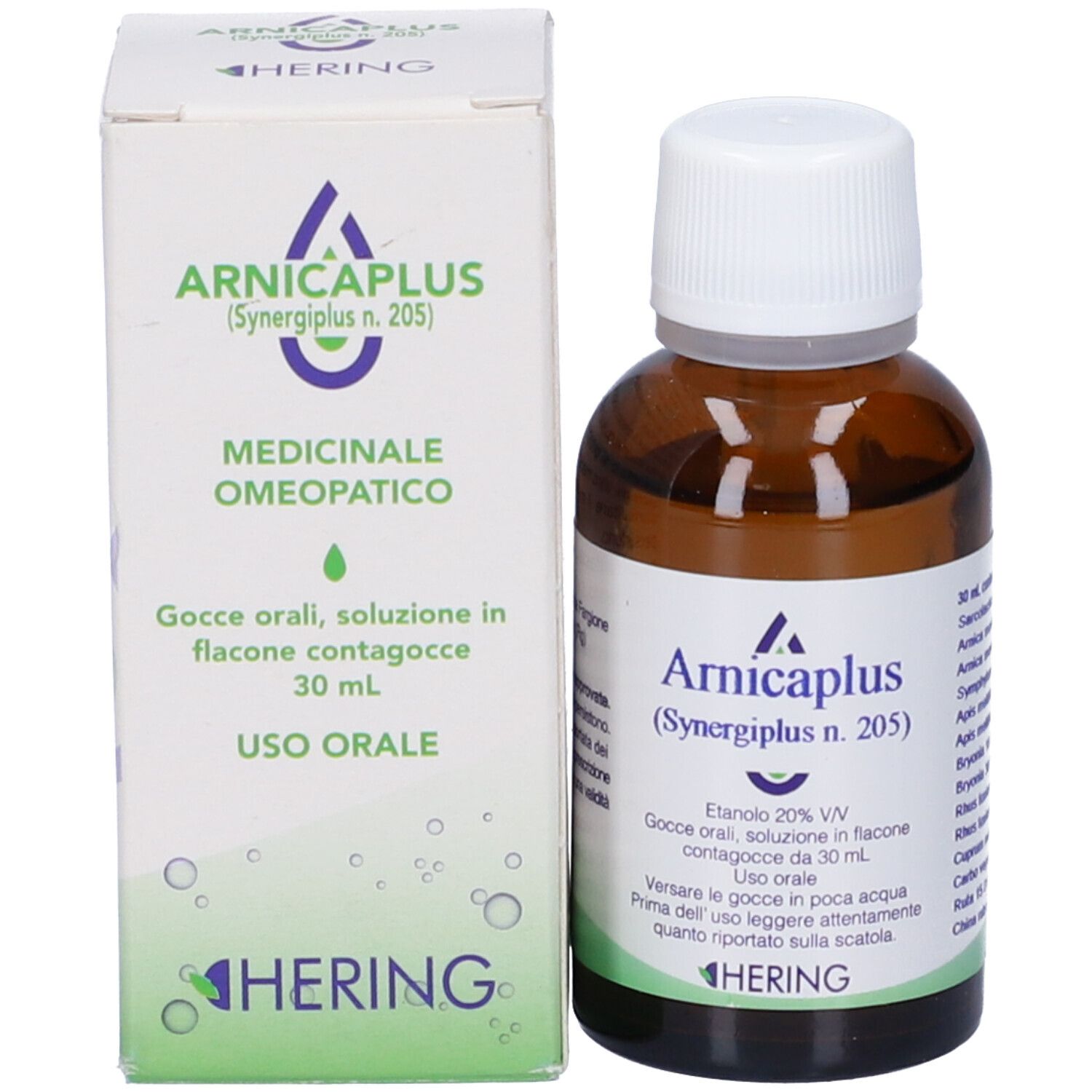 Flacone e scatola marroni. Scritta: Arnicaplus, Hering. Prodotto medico. Gocce per uso orale.